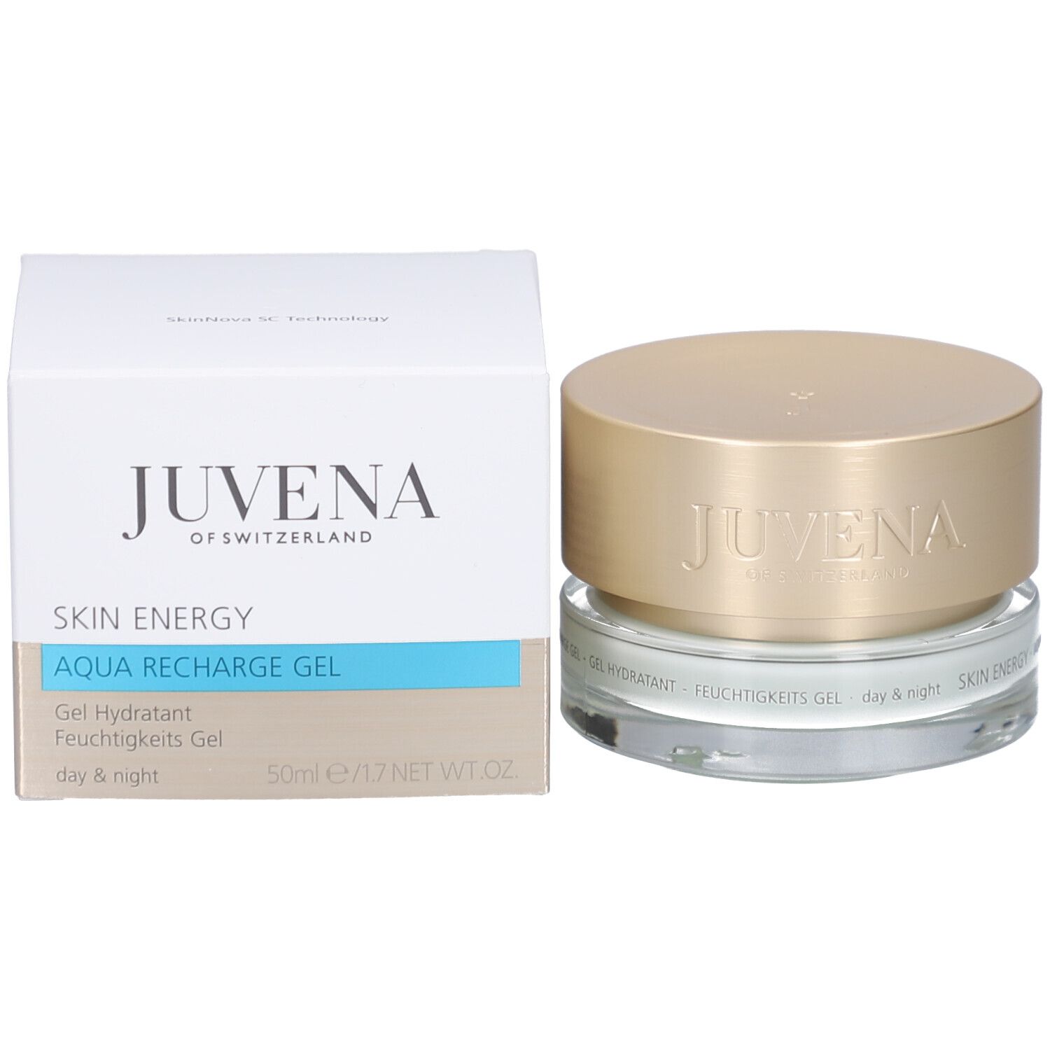 Pot de crème avec couvercle doré. Inscription: JUVENA OF SWITZERLAND. Texte: SKIN ENERGY AQUA RECHARGE GEL.