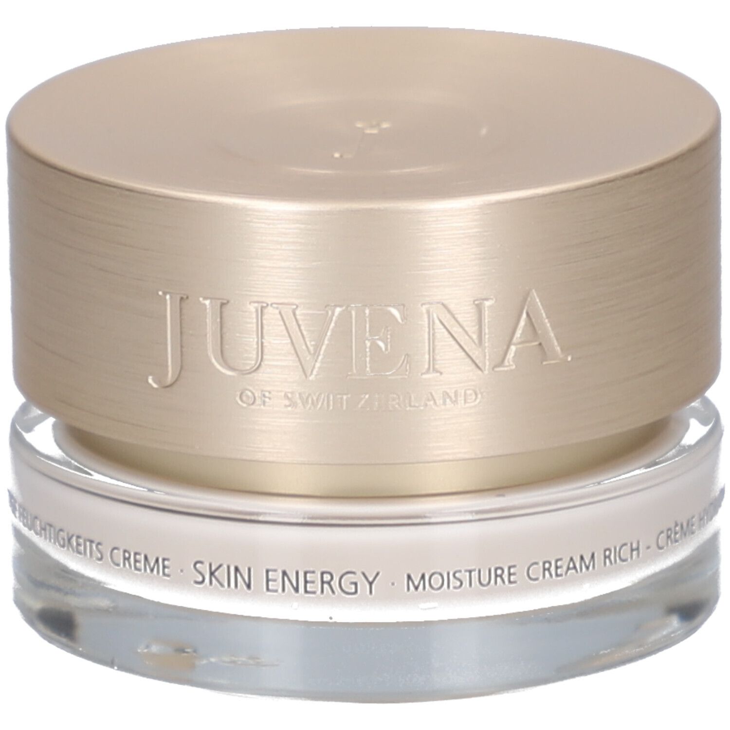 Pot de crème avec couvercle doré. Inscription : Juvena of Switzerland, Skin Energy, Moisture Cream Rich.