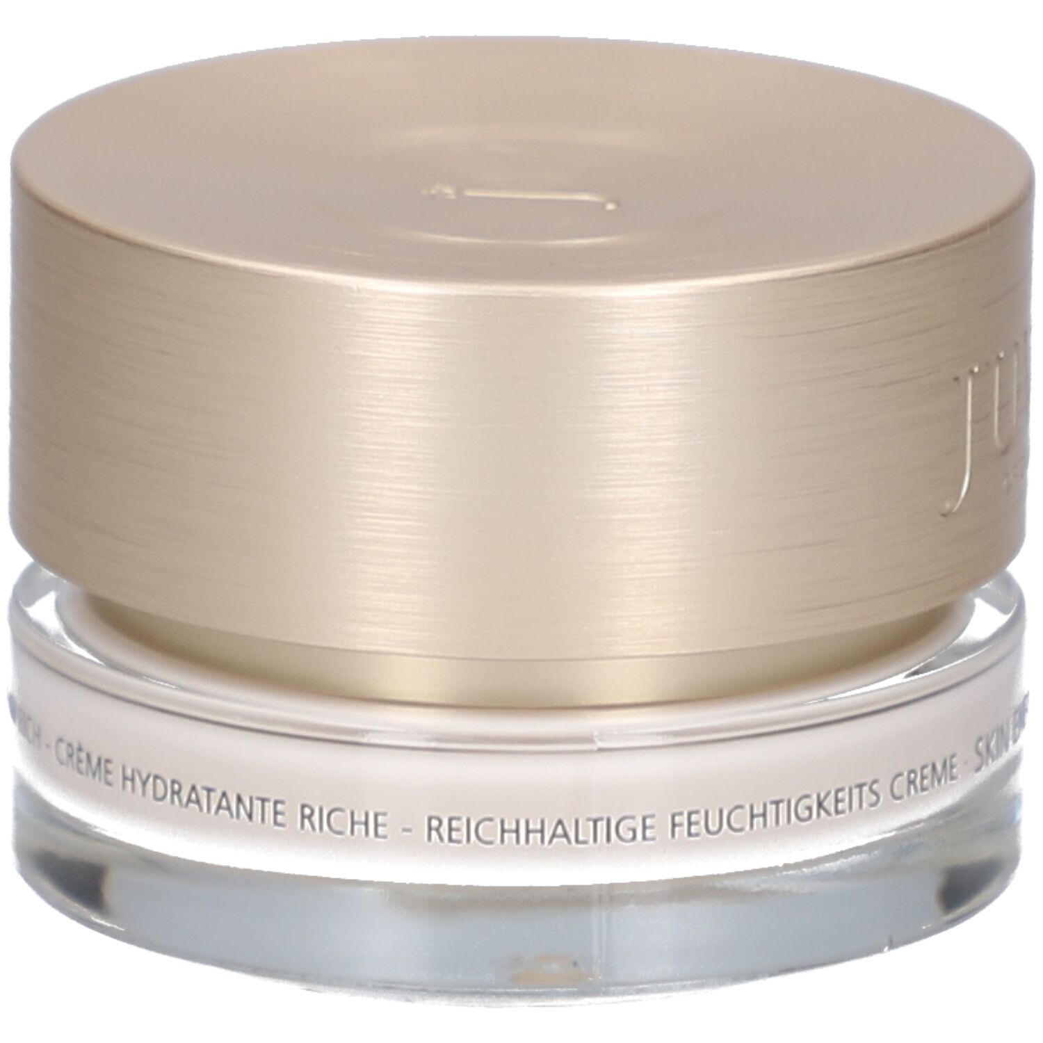 Pot de crème avec couvercle doré. Inscription : Juvena of Switzerland, Skin Energy, Moisture Cream Rich.