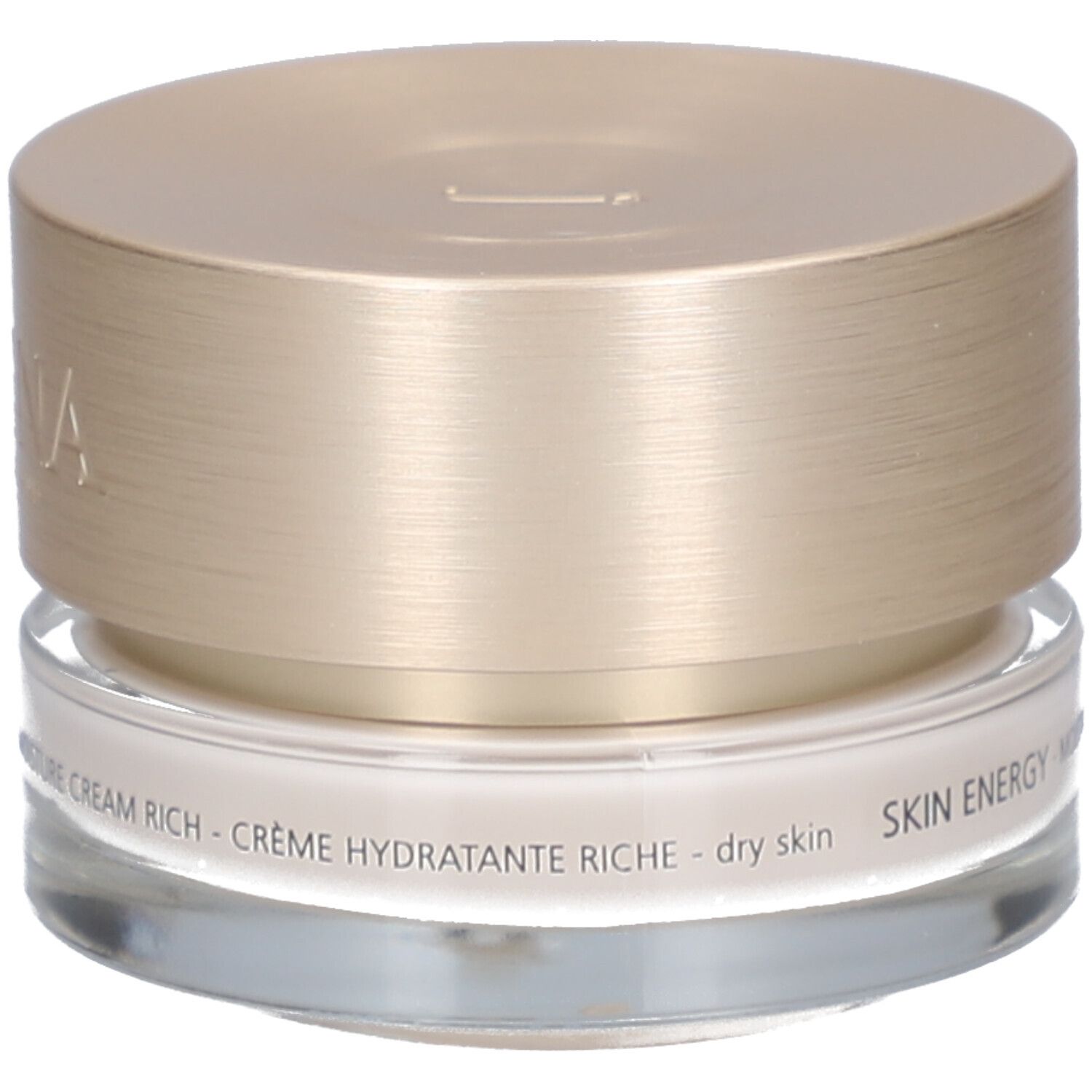Pot de crème avec couvercle doré. Inscription : Juvena of Switzerland, Skin Energy, Moisture Cream Rich.