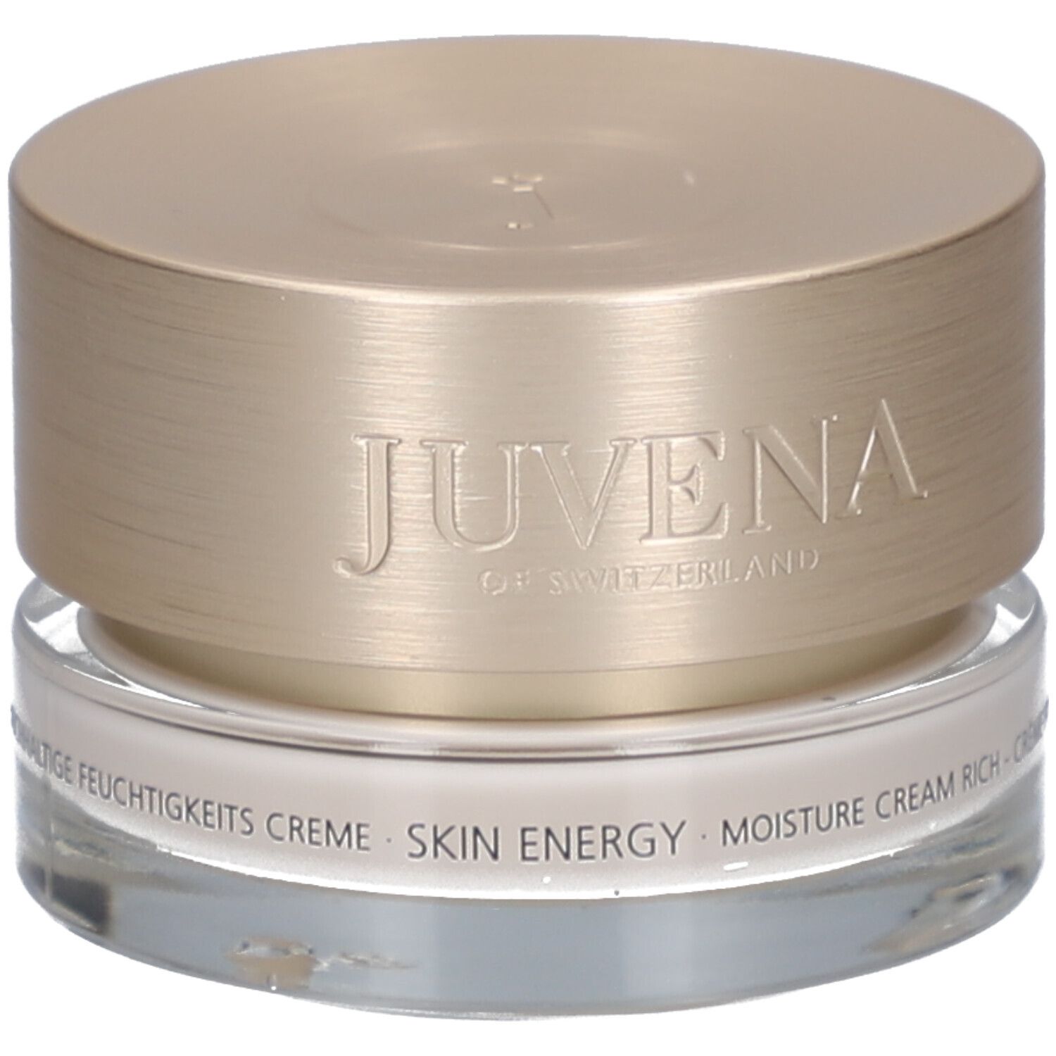Pot de crème avec couvercle doré. Inscription : Juvena of Switzerland, Skin Energy, Moisture Cream Rich.
