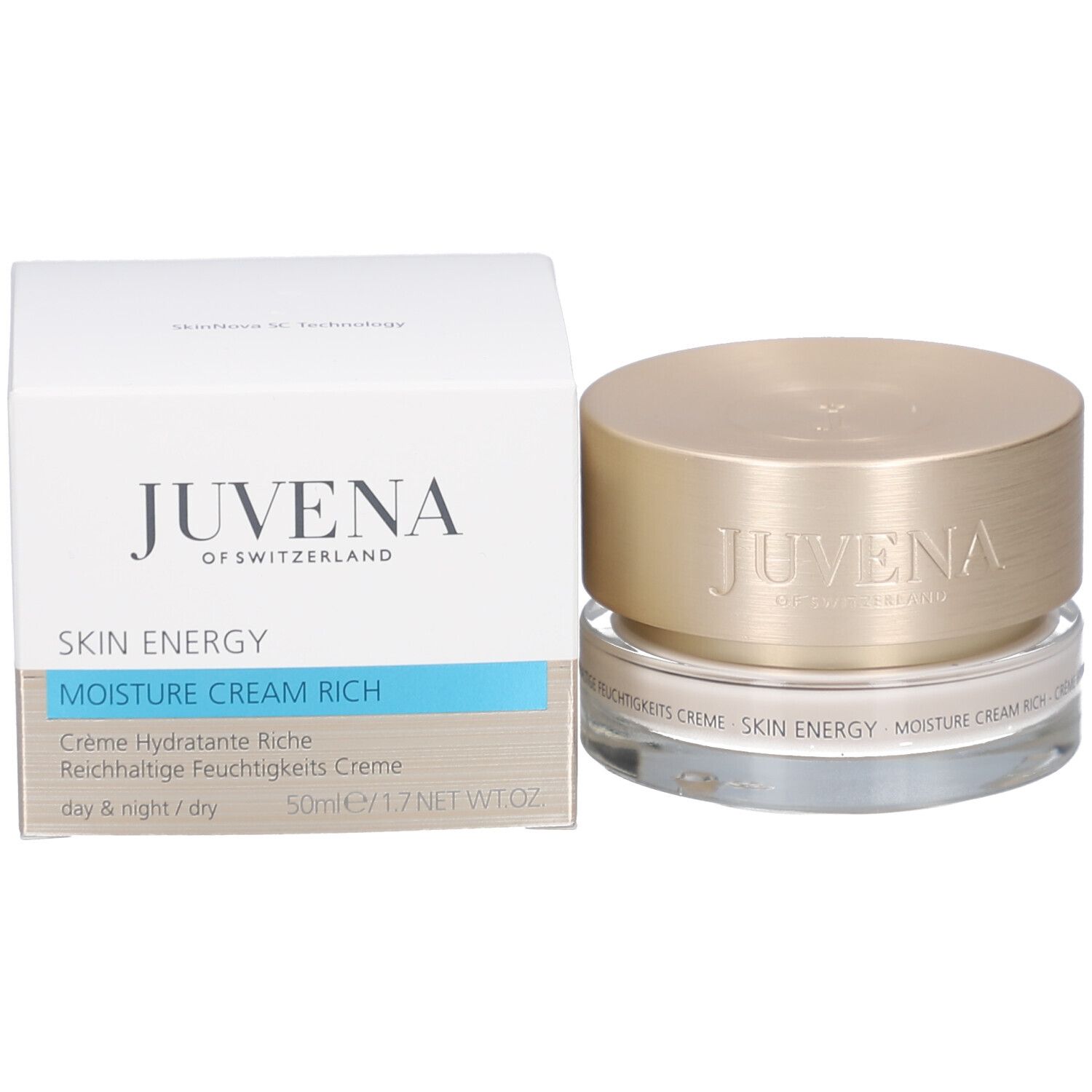 Pot de crème avec couvercle doré. Inscription : Juvena of Switzerland, Skin Energy, Moisture Cream Rich.