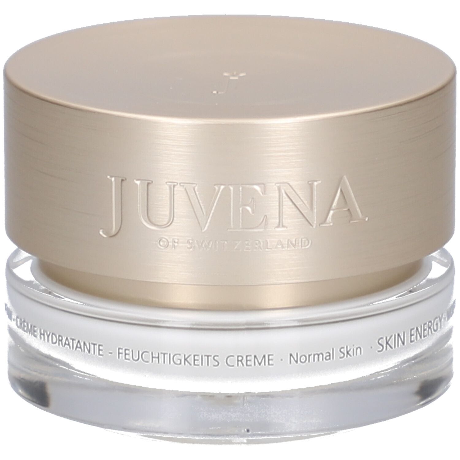 Pot de crème avec couvercle doré. Inscription : JUVENA OF SWITZERLAND. Texte : SKIN ENERGY MOISTURE CREAM.
