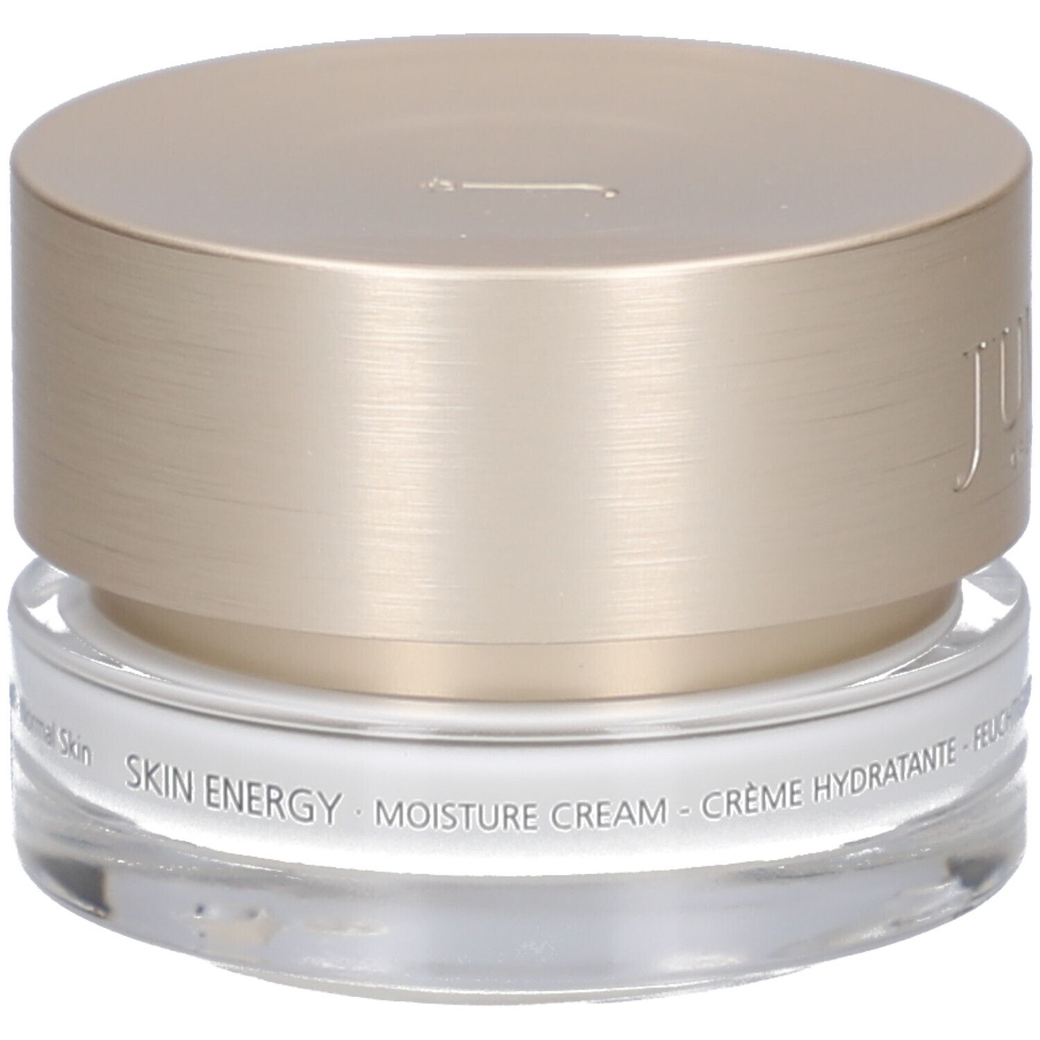 Pot de crème avec couvercle doré. Inscription : JUVENA OF SWITZERLAND. Texte : SKIN ENERGY MOISTURE CREAM.