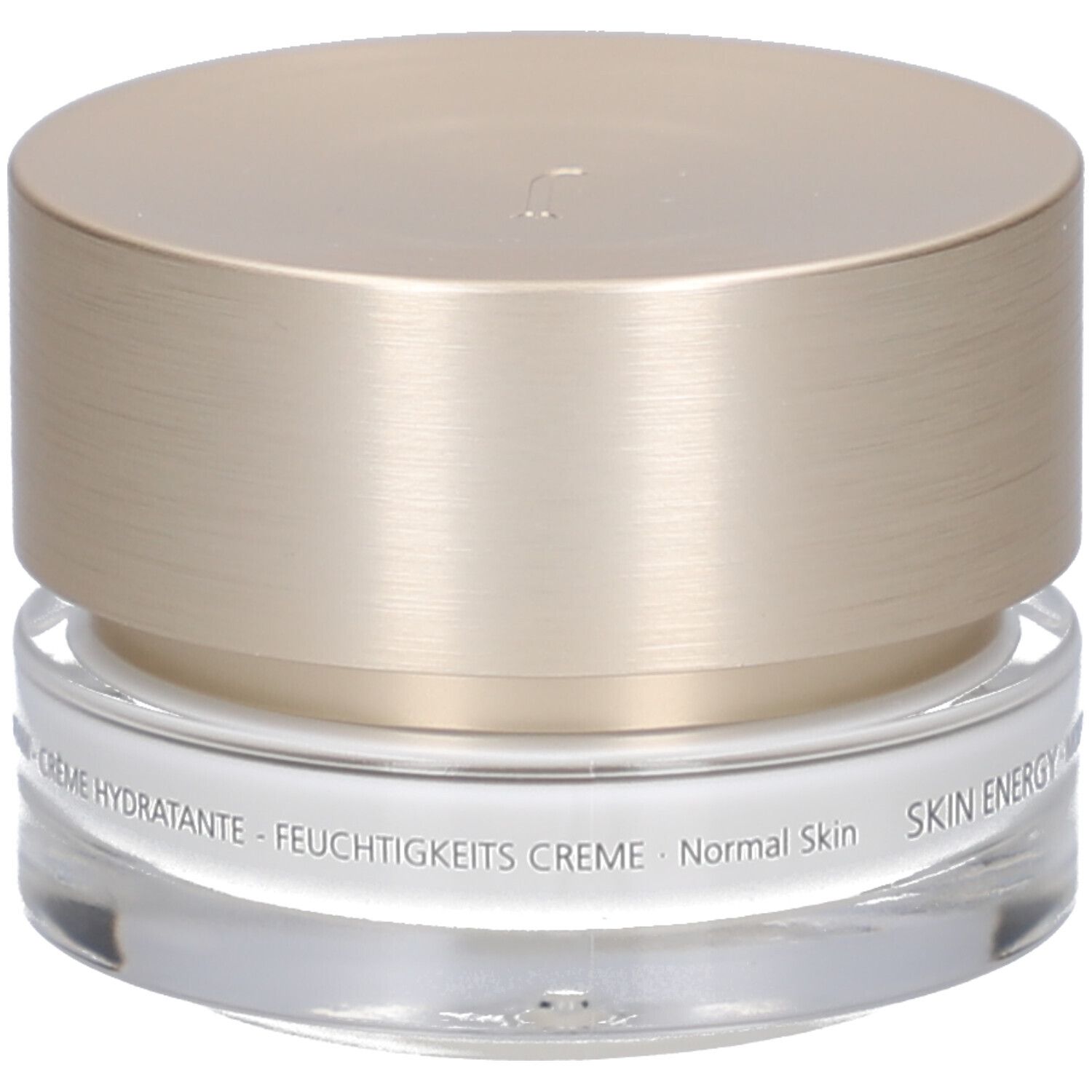 Pot de crème avec couvercle doré. Inscription : JUVENA OF SWITZERLAND. Texte : SKIN ENERGY MOISTURE CREAM.