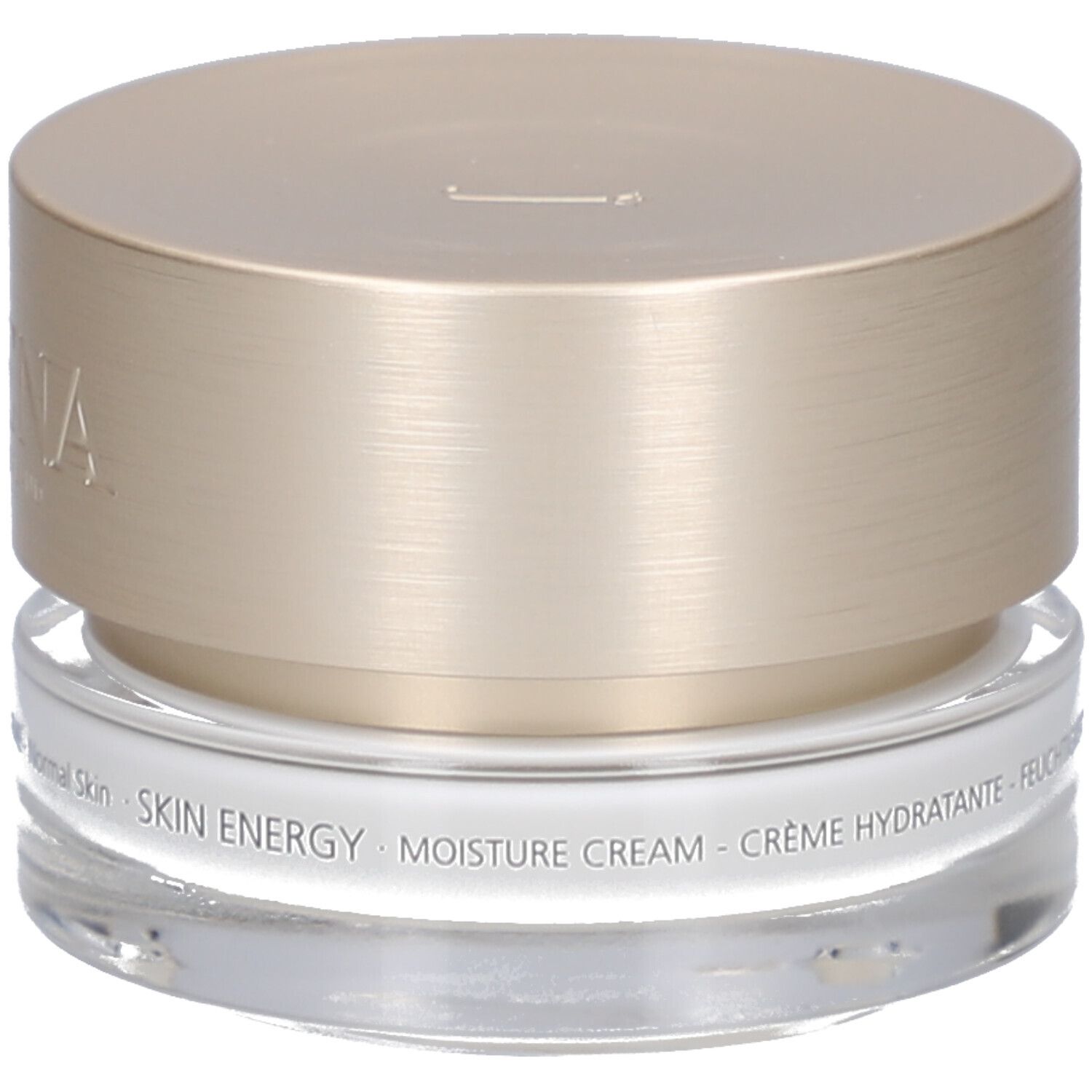 Pot de crème avec couvercle doré. Inscription : JUVENA OF SWITZERLAND. Texte : SKIN ENERGY MOISTURE CREAM.