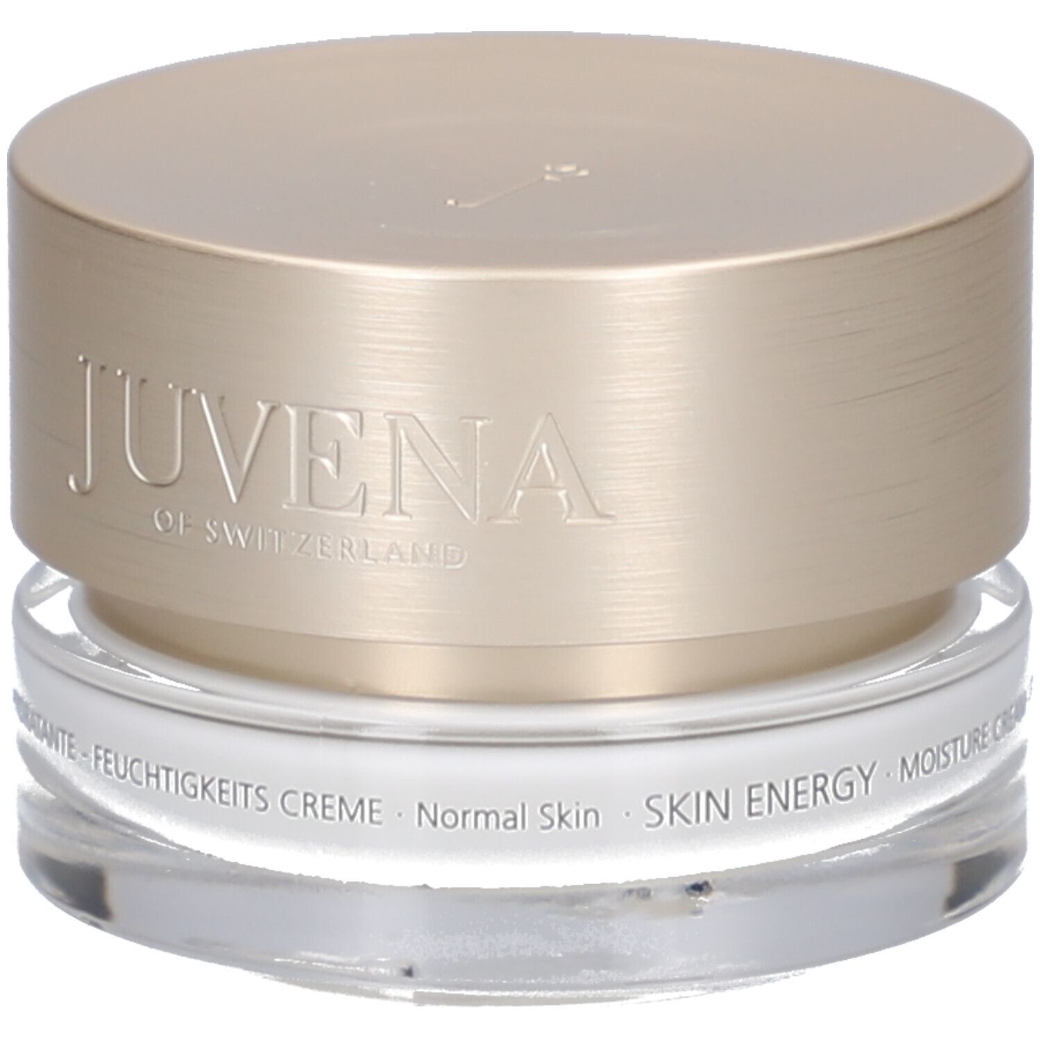 Pot de crème avec couvercle doré. Inscription : JUVENA OF SWITZERLAND. Texte : SKIN ENERGY MOISTURE CREAM.