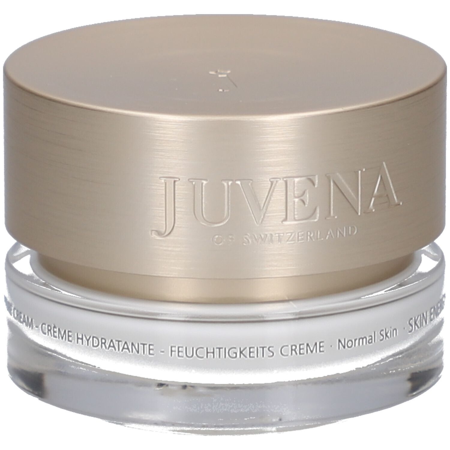 Pot de crème avec couvercle doré. Inscription : JUVENA OF SWITZERLAND. Texte : SKIN ENERGY MOISTURE CREAM.