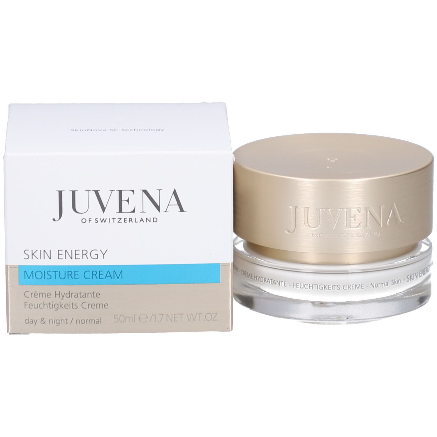 Emballage du produit avec pot de crème et carton. Inscription : JUVENA. Texte : SKIN ENERGY MOISTURE CREAM.