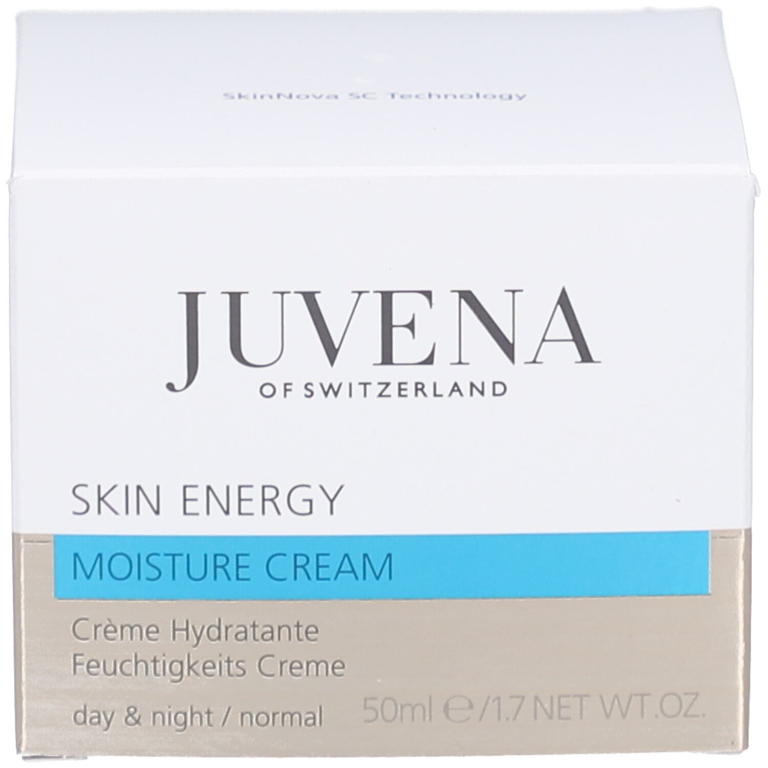 Emballage du produit avec carton. Inscription : JUVENA. Texte : SKIN ENERGY MOISTURE CREAM.