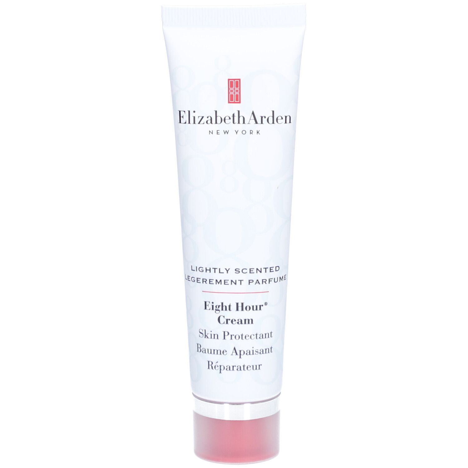 Tube blanc, bouchon rouge. Inscription: Elizabeth Arden, Eight Hour Cream, Skin Protectant. Parfum léger.