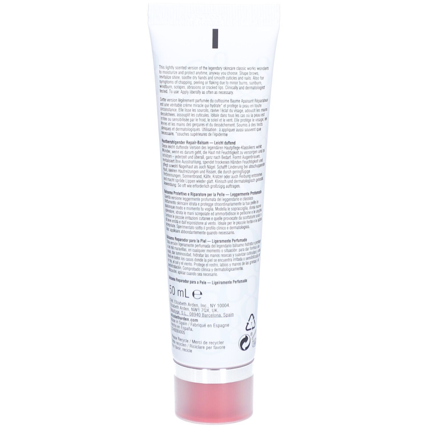 Dos du tube. Texte multilingue. Informations sur le produit et ingrédients. Bouchon rouge.