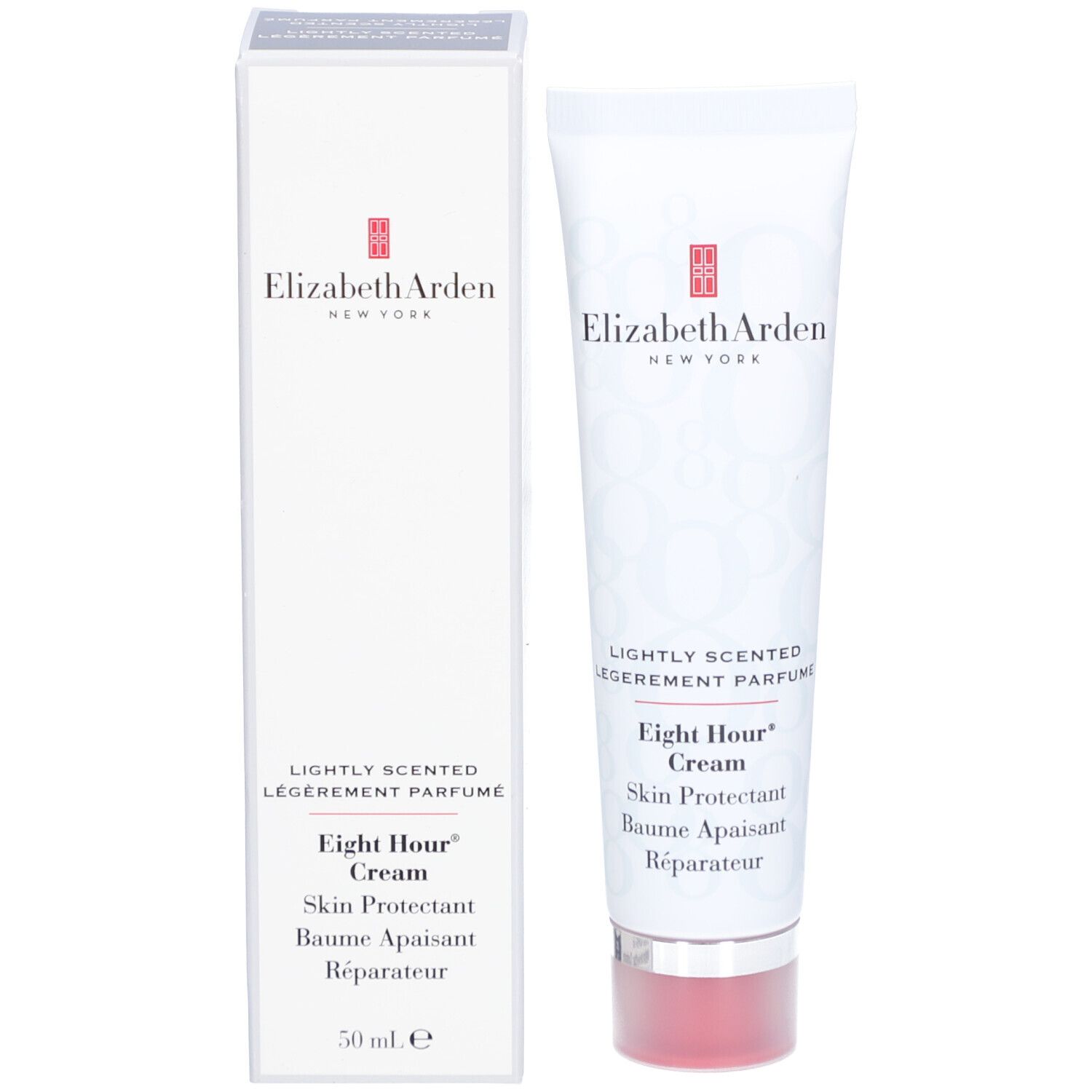 Tube et emballage. Tube: blanc, bouchon rouge. Emballage: blanc, inscription: Elizabeth Arden, Eight Hour Cream.