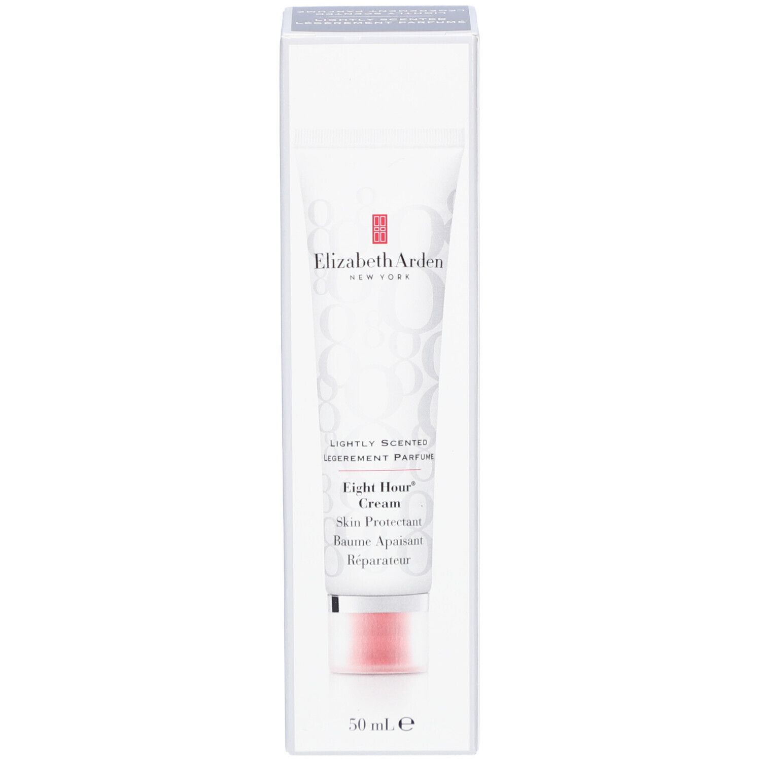 Tube dans l'emballage. Tube: blanc, bouchon rouge. Emballage: blanc, inscription: Elizabeth Arden, Eight Hour Cream.