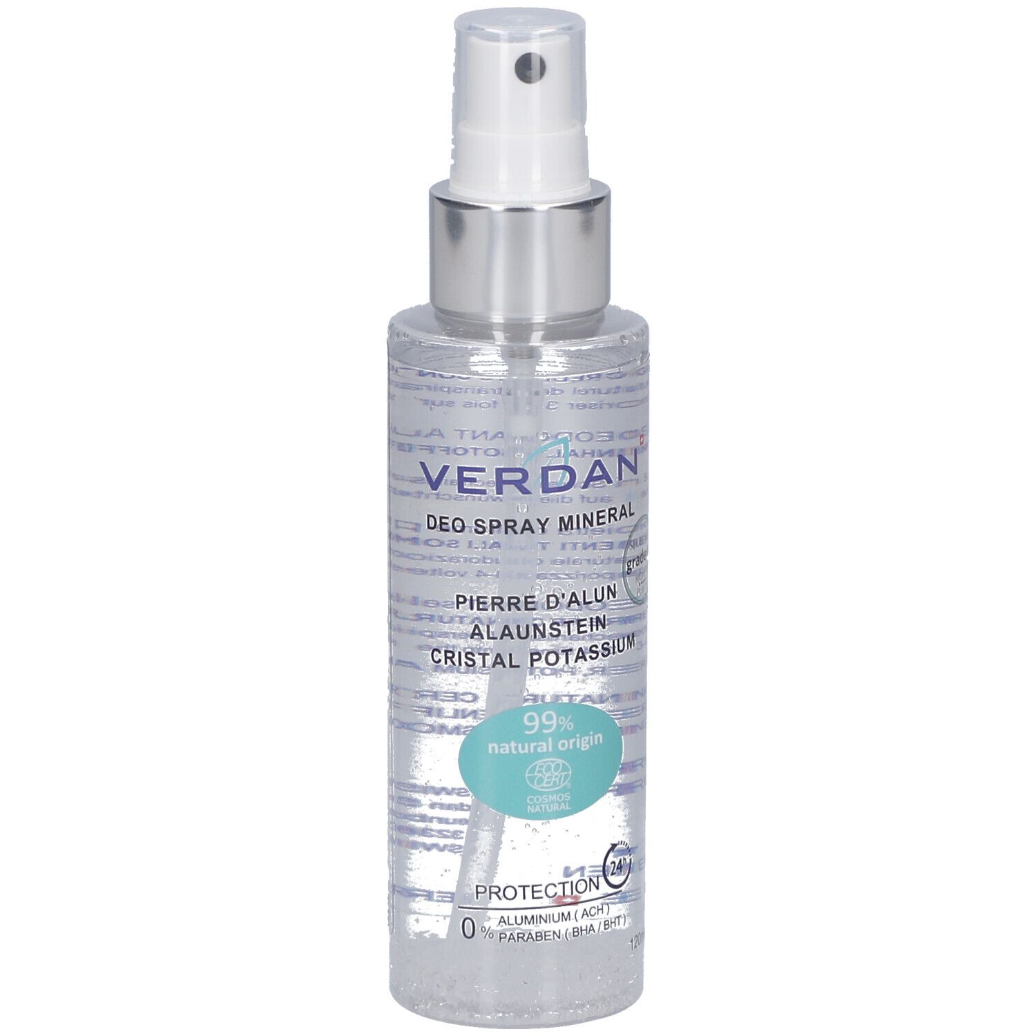 Deospray met sproeikop. Opschrift: VERDAN, DEO SPRAY MINERAL, PIERRE D'ALUN, CRISTAL POTASSIUM. 99% natuurlijke oorsprong. Ecocert-label.