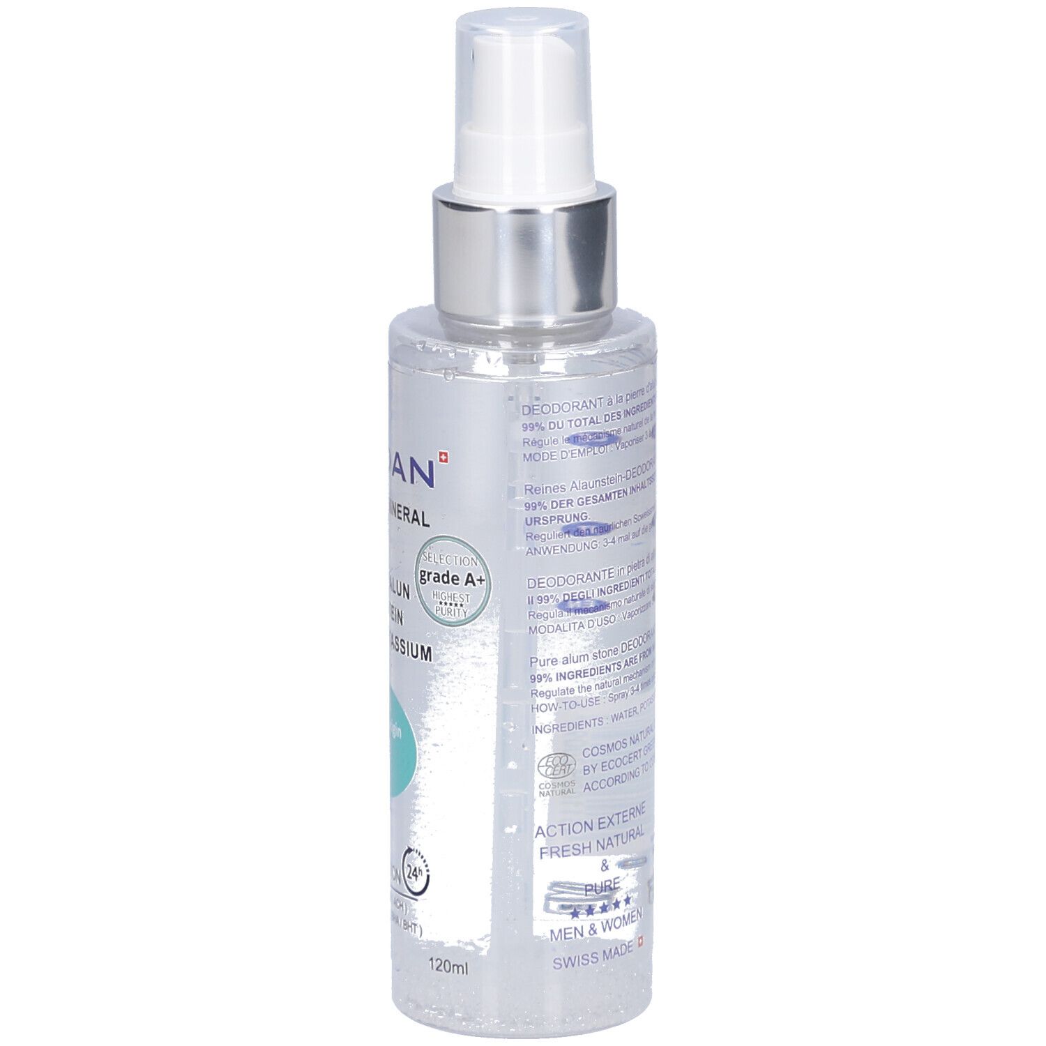 Deosprayfles, achteraanzicht. Tekstinformatie. Transparante vloeistof. Zilveren sproeikop. Ecocert-label.