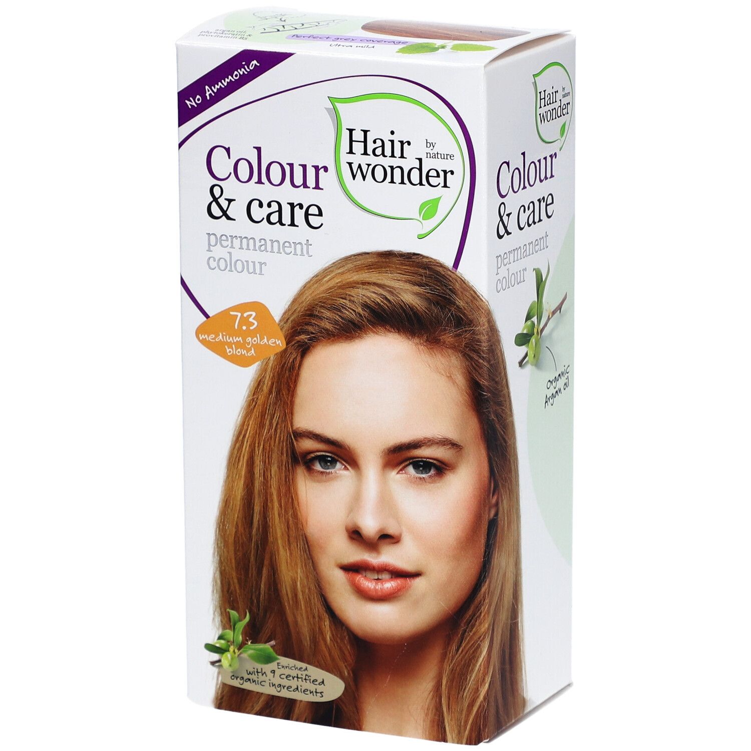 Haarkleurdoos. Opschrift: Colour & Care, 7.3 medium goudblond. Afbeelding van een vrouw met goudblond haar.