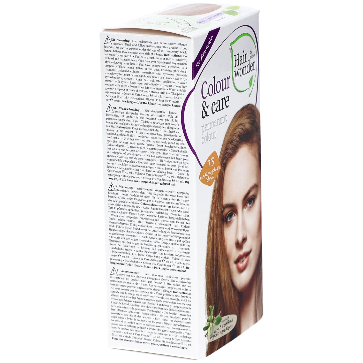 Haarkleurdoos, zijaanzicht. Opschrift: Colour & Care, 7.3 medium goudblond. Tekst in meerdere talen.