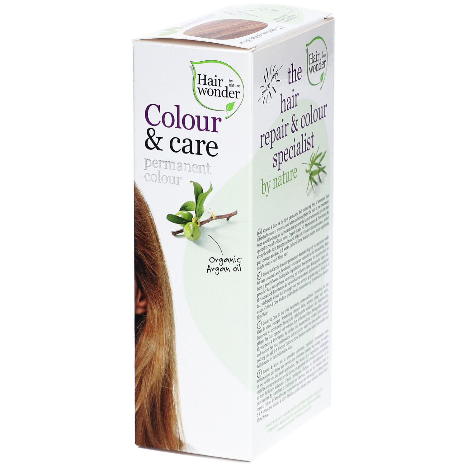 Haarkleurdoos, zijaanzicht. Opschrift: Colour & Care, Organic Argan oil. Tekst in meerdere talen.