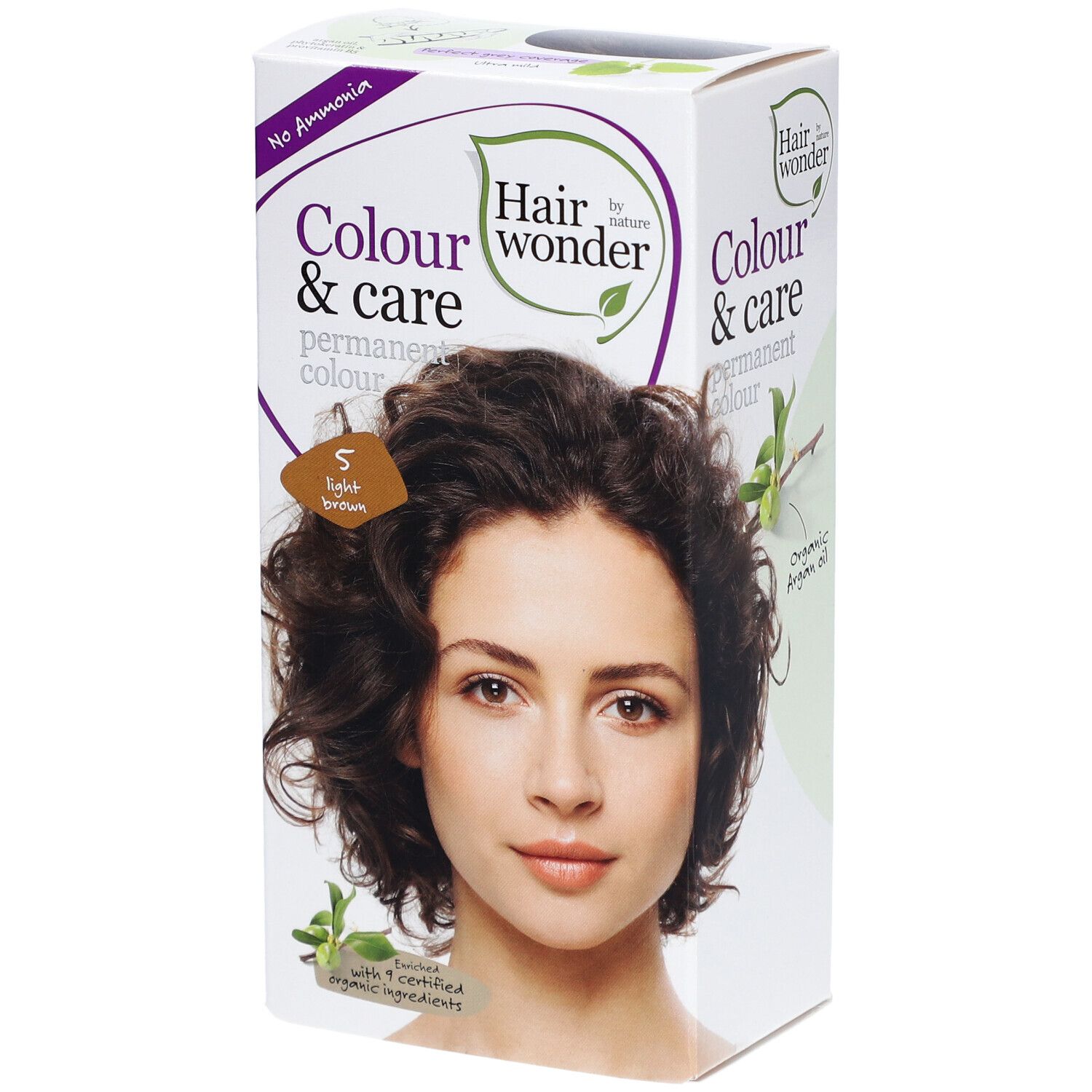 Verpakking van permanente haarkleur. Opschrift: Colour & care. Afbeelding van een vrouw met bruin haar. Kleur: 5 lichtbruin.