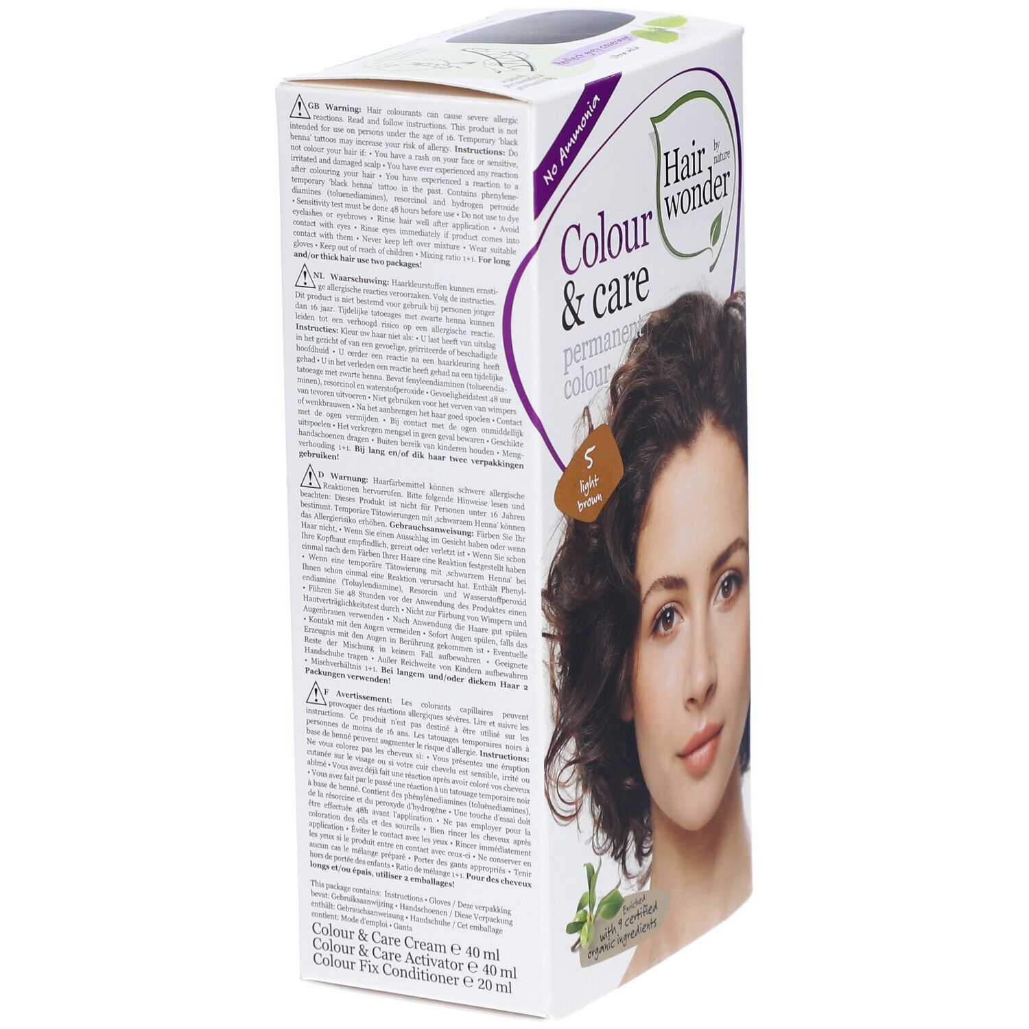 Verpakking van permanente haarkleur. Opschrift: Colour & care. Zijaanzicht met tekst. Kleur: 5 lichtbruin. Bevat 40ml crème, 40ml activator, 20ml conditioner.