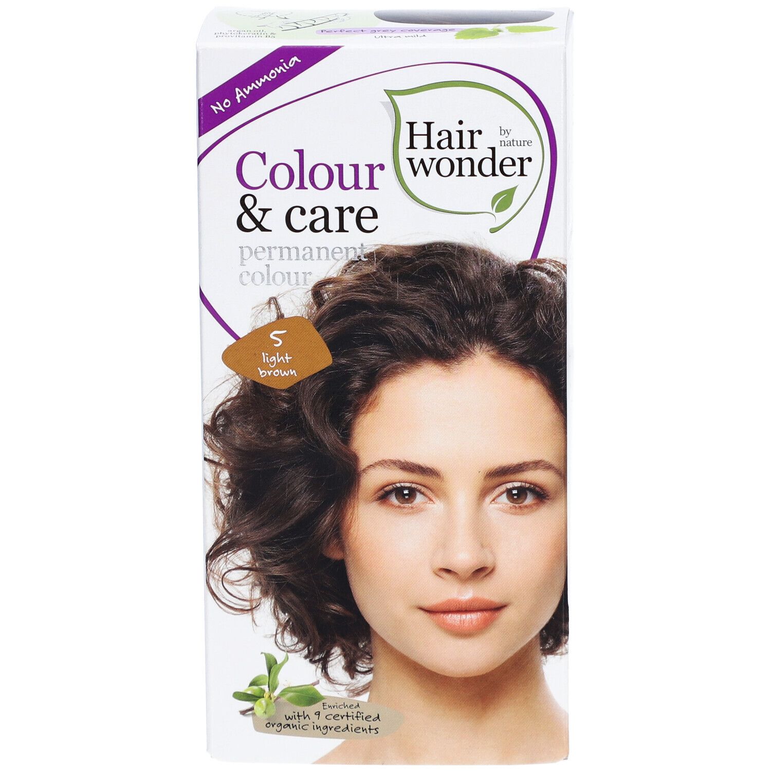 Verpakking van permanente haarkleur. Opschrift: Colour & care. Afbeelding van een vrouw met bruin haar. Kleur: 5 lichtbruin. Zonder ammoniak.