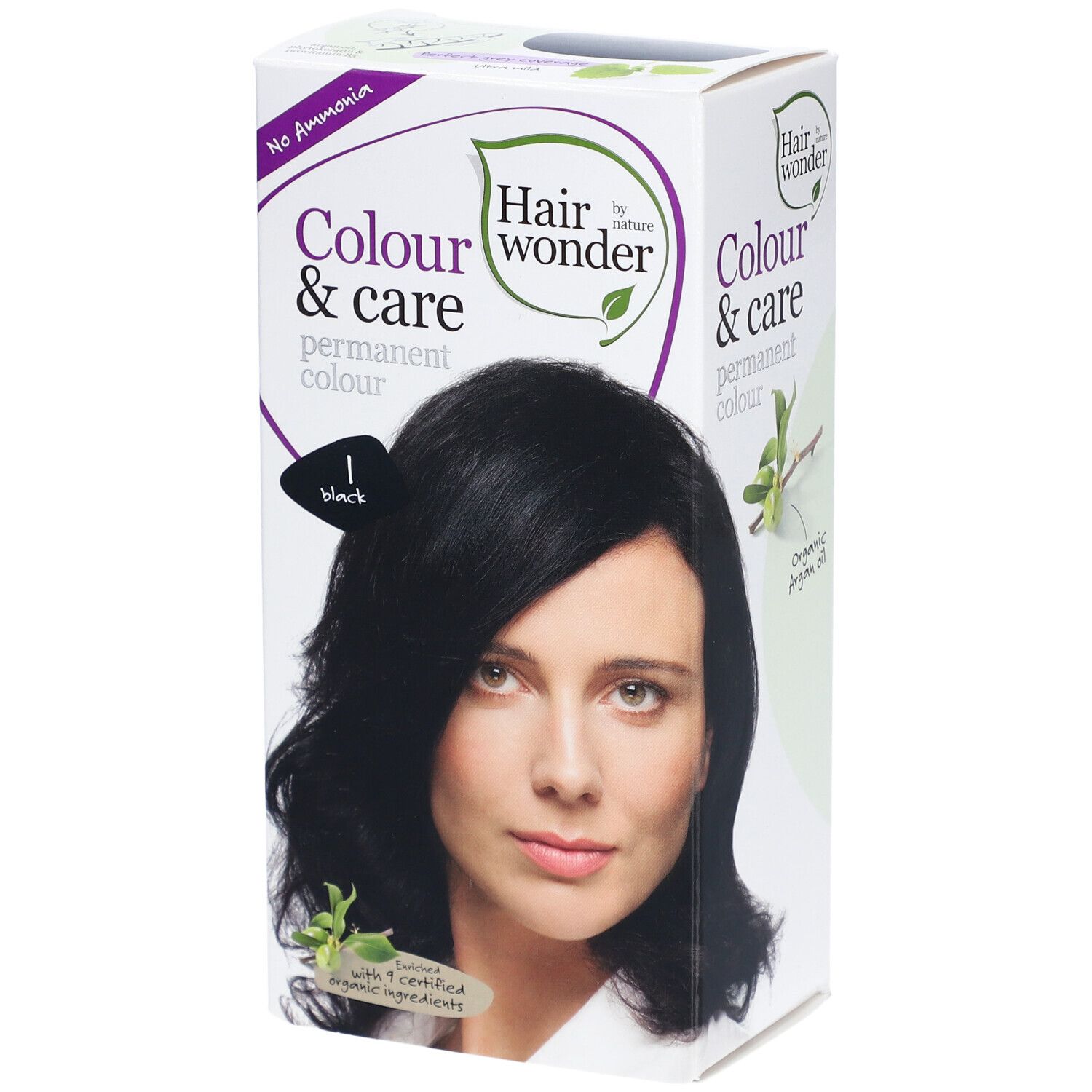 Haarkleurverpakking met vrouw met zwart haar. Opschrift: Colour & care permanent colour, 1 black. Met 9 gecertificeerde ingrediënten.