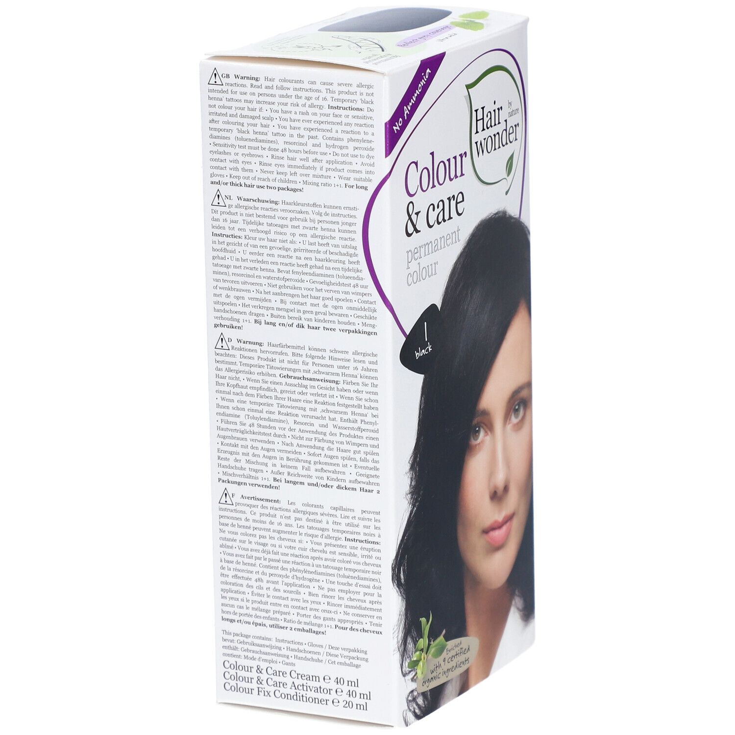 Zijaanzicht van de haarkleurverpakking. Opschrift: Colour & care permanent colour, 1 black. Tekst in meerdere talen. Zonder ammoniak.