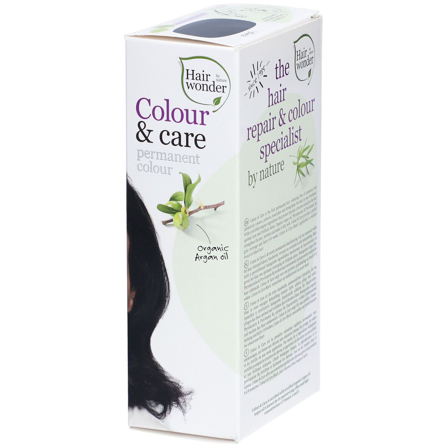 Zijaanzicht van de haarkleurverpakking. Opschrift: Colour & care permanent colour. Met biologische arganolie. Tekst in meerdere talen.