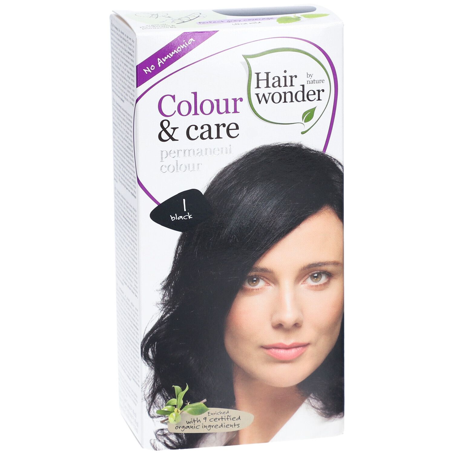 Haarkleurverpakking met vrouw met zwart haar. Opschrift: Colour & care permanent colour, 1 black. Zonder ammoniak. 9 gecertificeerde ingrediënten.