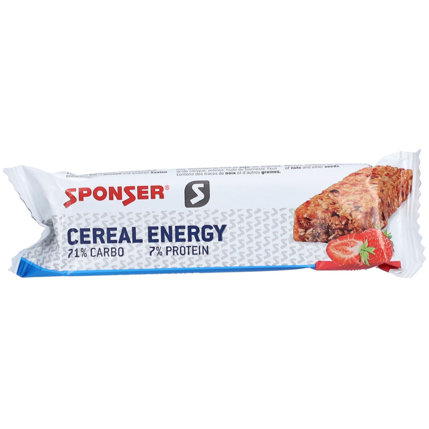Barre énergétique SPONSER Cereal, saveur fraise. Emballage blanc et bleu, coin ouvert. Texte : Cereal Energy, 71% Carbo, 7% Protein. Fraise.