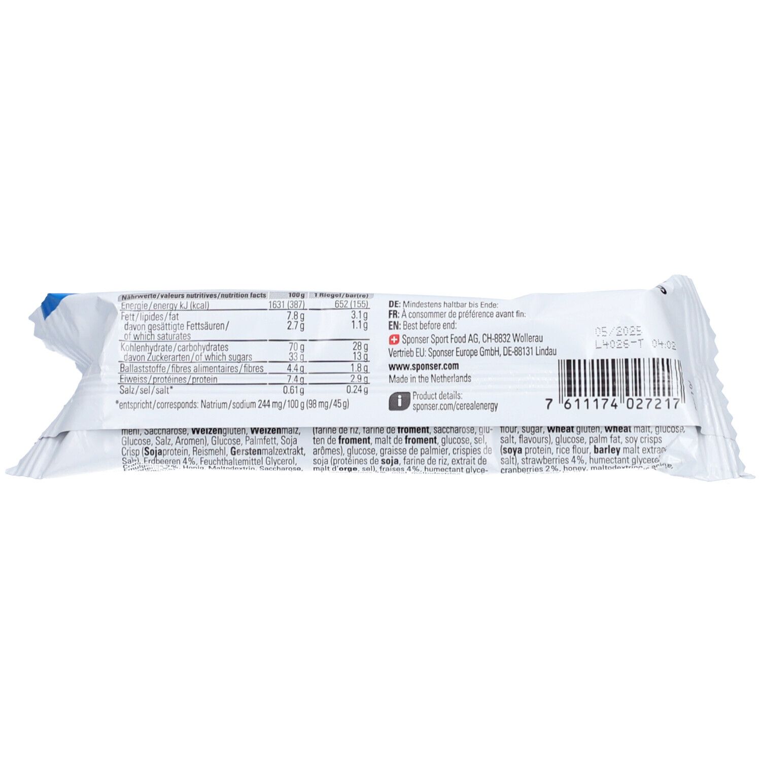 Dos de l'emballage de la barre énergétique SPONSER Cereal. Texte avec informations nutritionnelles et liste des ingrédients. Emballage blanc et bleu.