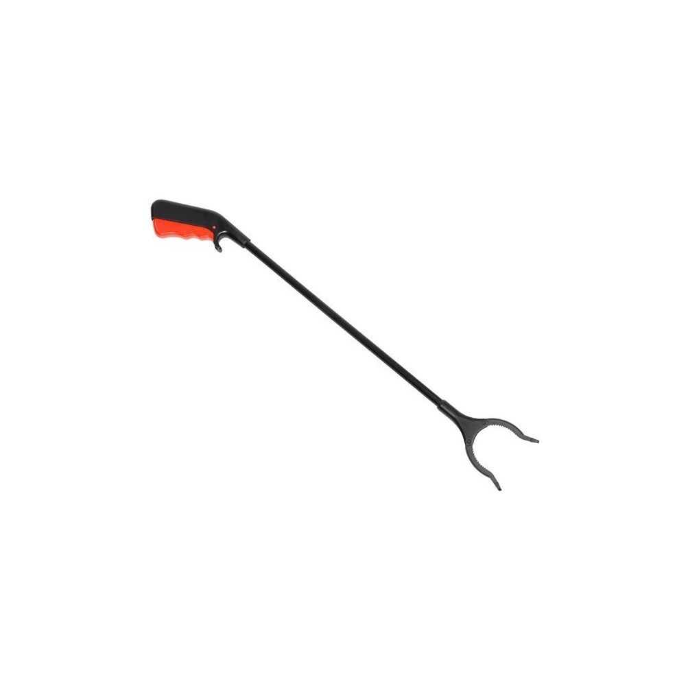 Grijptang met zwarte steel, rode handgreep en grijparmen. De tang staat op een witte achtergrond.