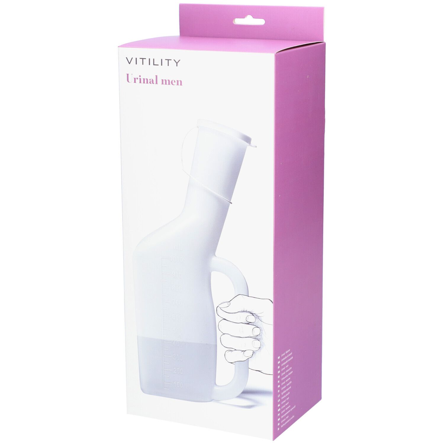 Emballage de l'urinoir pour hommes VITILITY. Urinoir blanc, poignée, bouchon. Design rose et blanc. Texte: Urinal men.