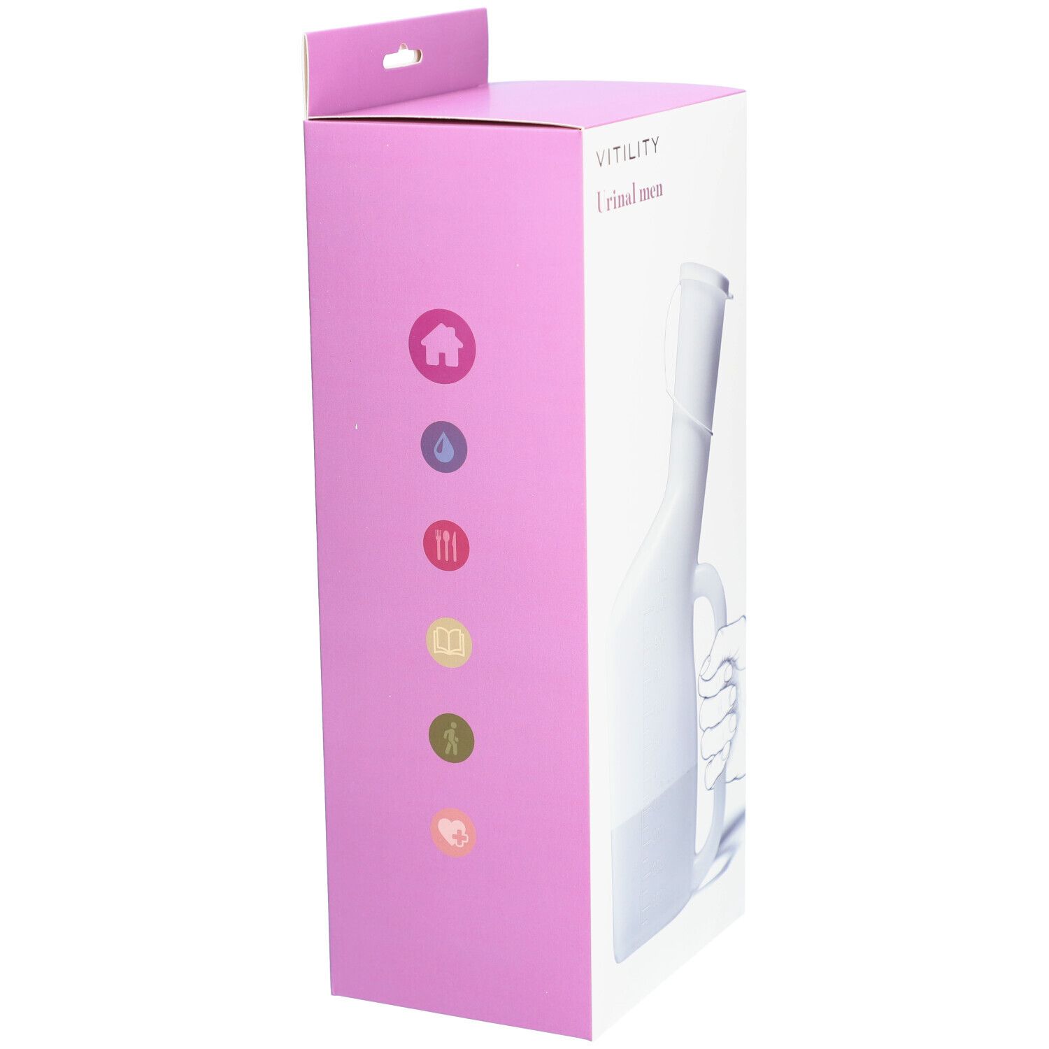 Emballage de l'urinoir pour hommes VITILITY. Design rose et blanc. Icônes sur le côté. Illustration de l'urinoir. Texte: Urinal men.