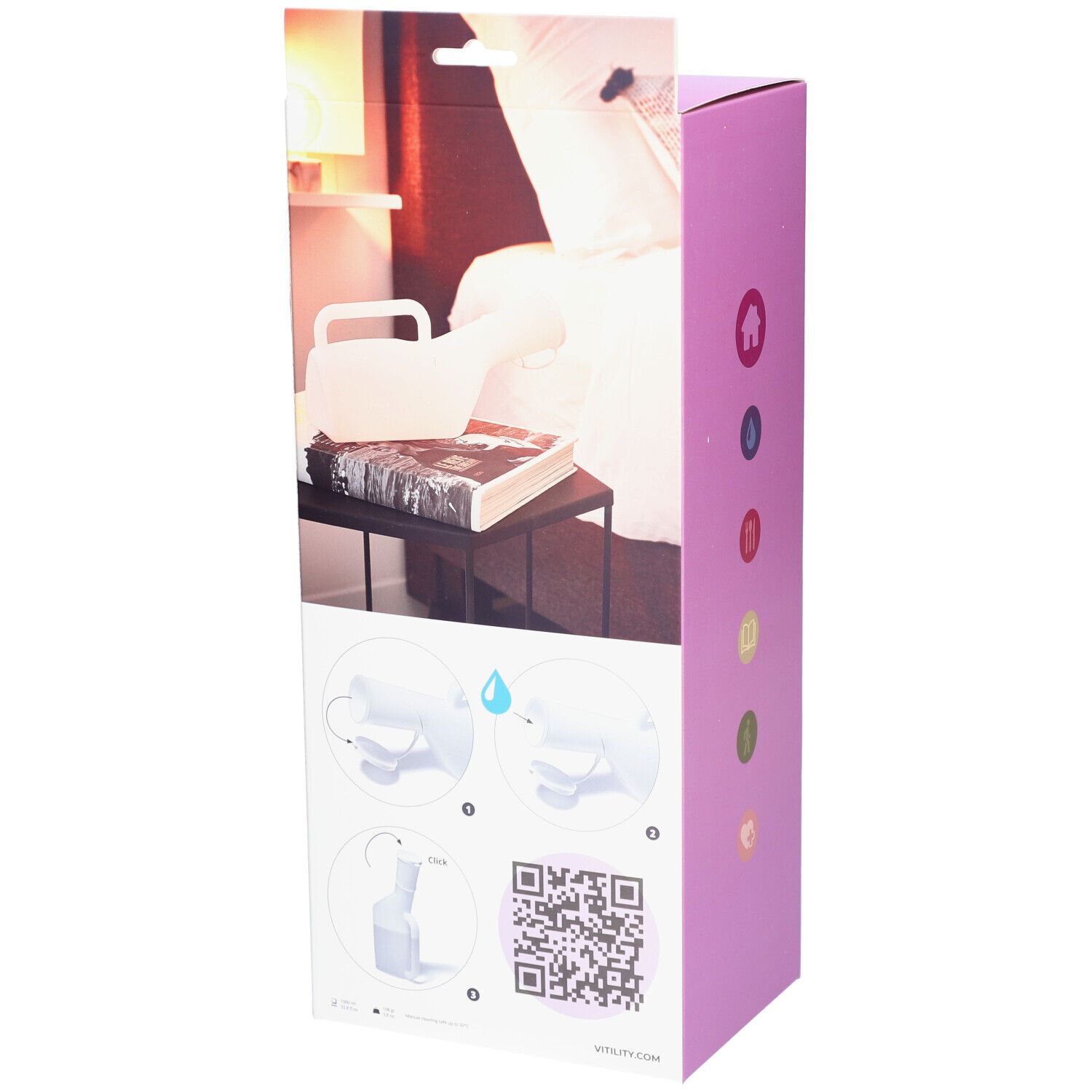 Dos de l'emballage de l'urinoir pour hommes VITILITY. Illustrations: utilisation, code QR. Design rose et blanc. Produit dans une chambre.