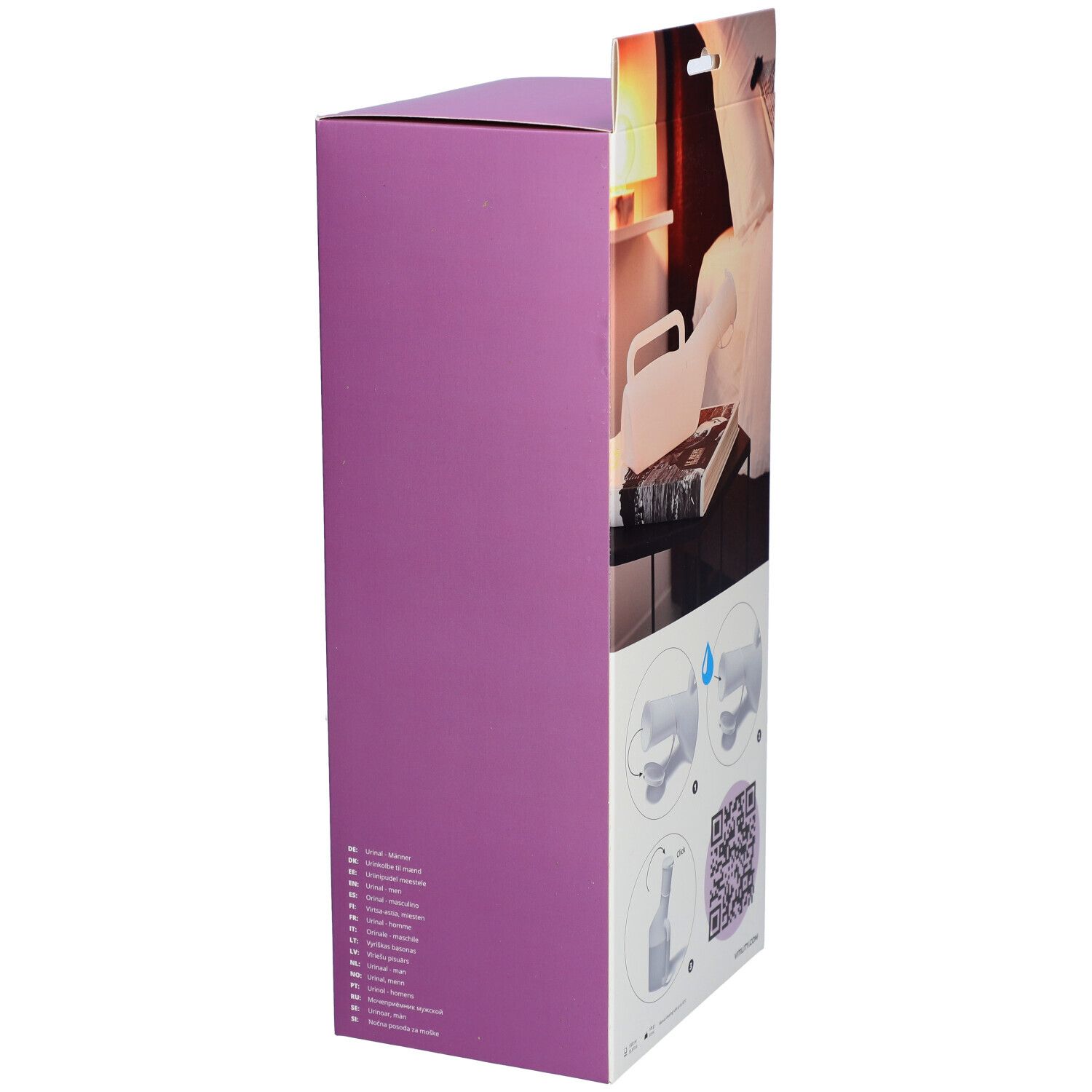 Vue latérale de l'emballage de l'urinoir pour hommes VITILITY. Illustrations: utilisation, code QR. Design rose et blanc. Produit dans une chambre.