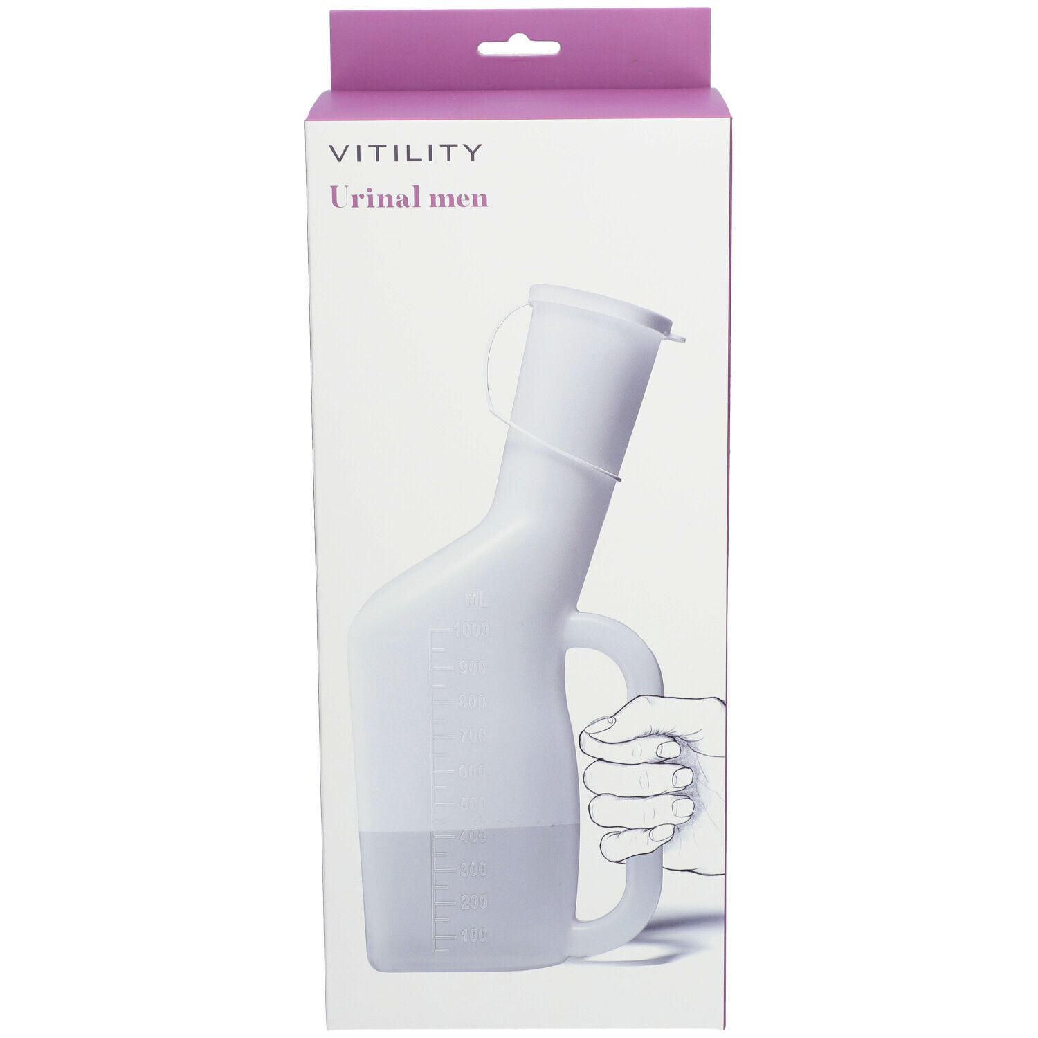 Emballage de l'urinoir pour hommes VITILITY. Urinoir blanc, poignée, bouchon. Design rose et blanc. Texte: Urinal men.