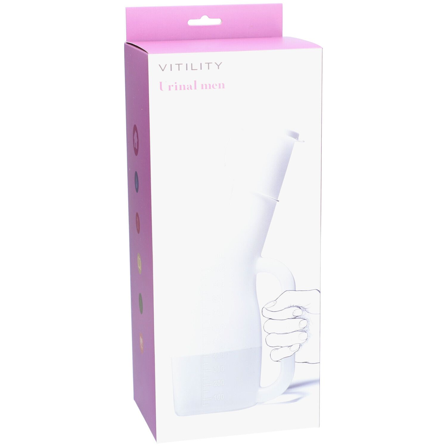 Emballage de l'urinoir pour hommes VITILITY. Urinoir blanc, poignée, bouchon. Design rose et blanc. Texte: Urinal men.