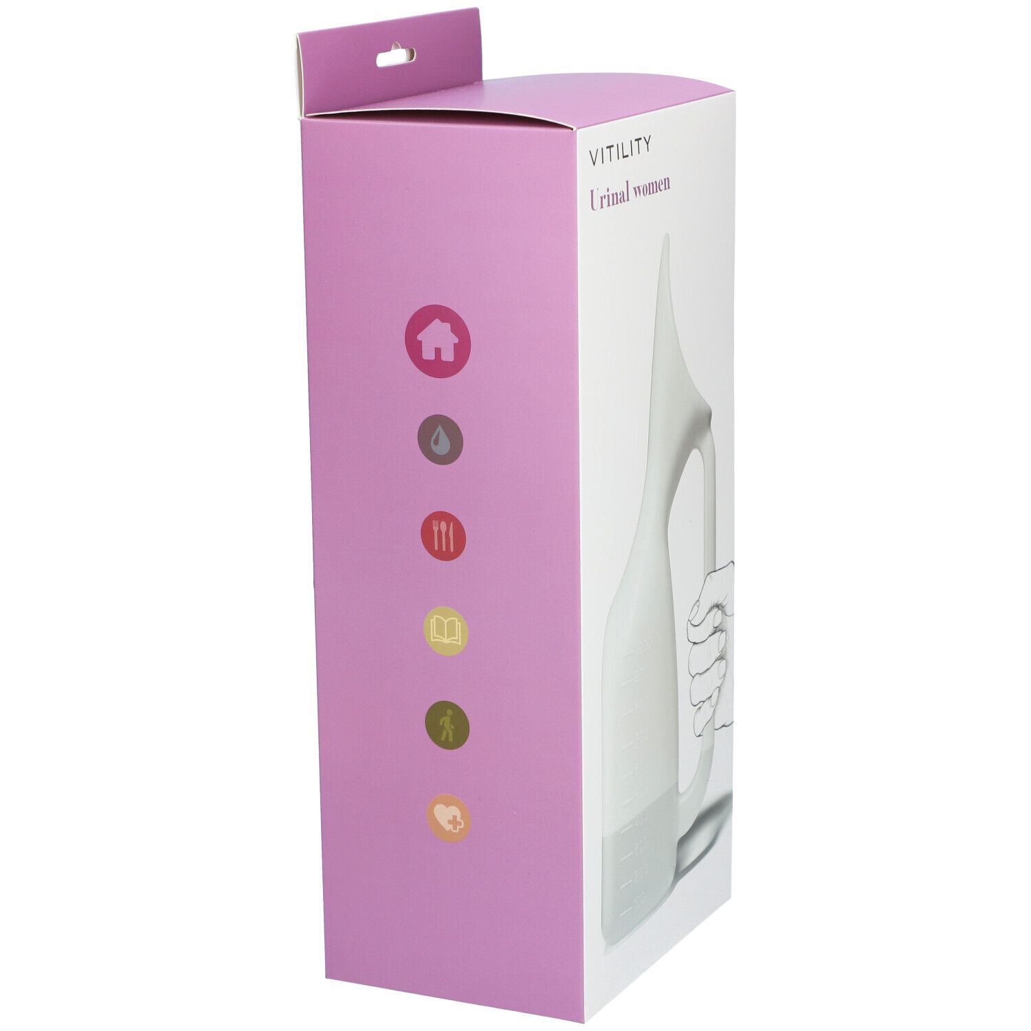 Zijaanzicht van de verpakking van het urinoir voor vrouwen. Tekst: VITILITY, Urinal women. Paarse achtergrond met iconen.
