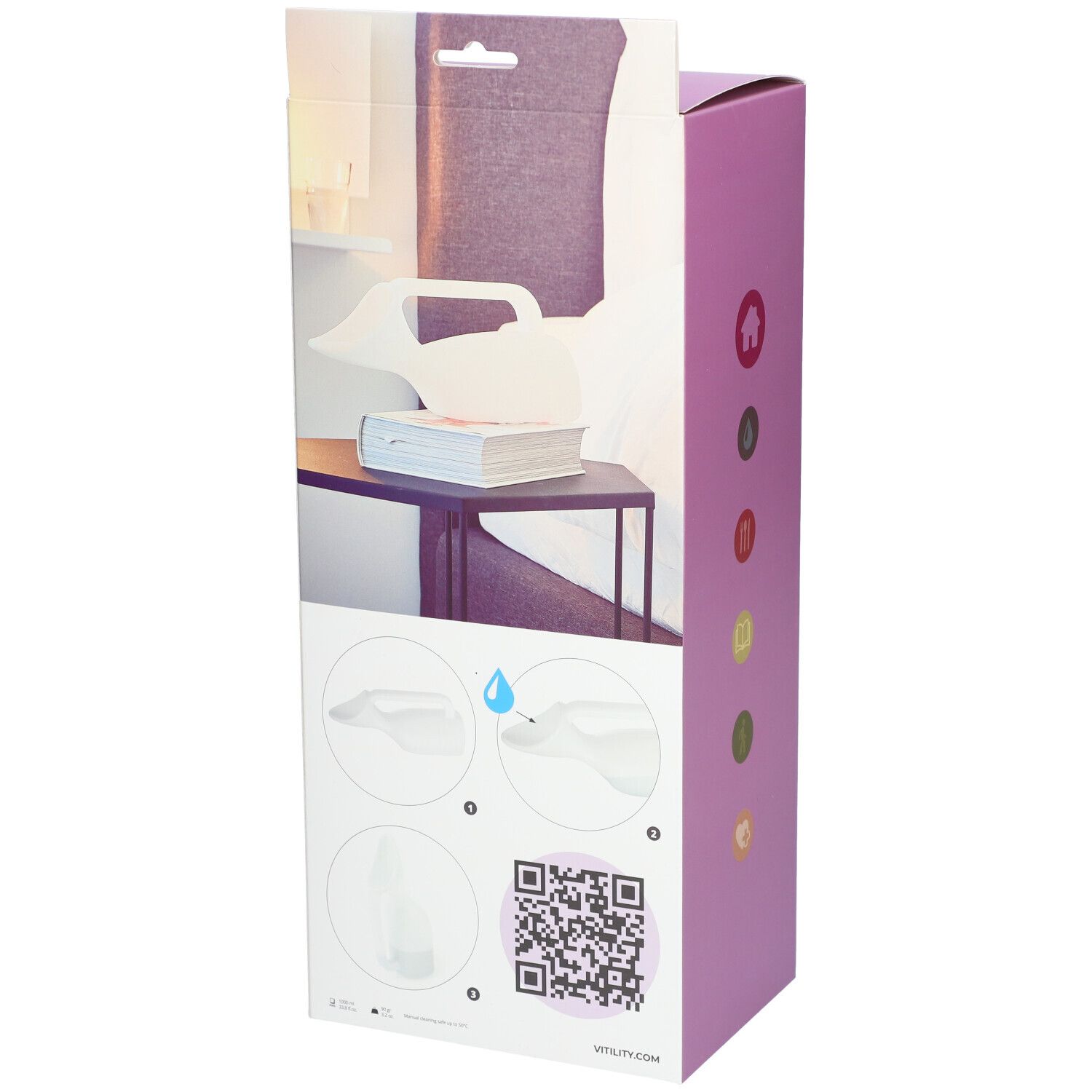 Achterkant van de verpakking van het urinoir voor vrouwen. Illustraties: gebruik, QR-code. Achtergrond: tafel met boeken.