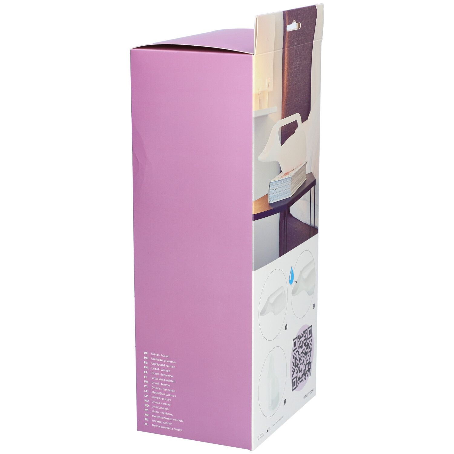 Zijaanzicht van de verpakking van het urinoir voor vrouwen. Illustraties: gebruik, QR-code. Paarse achtergrond.