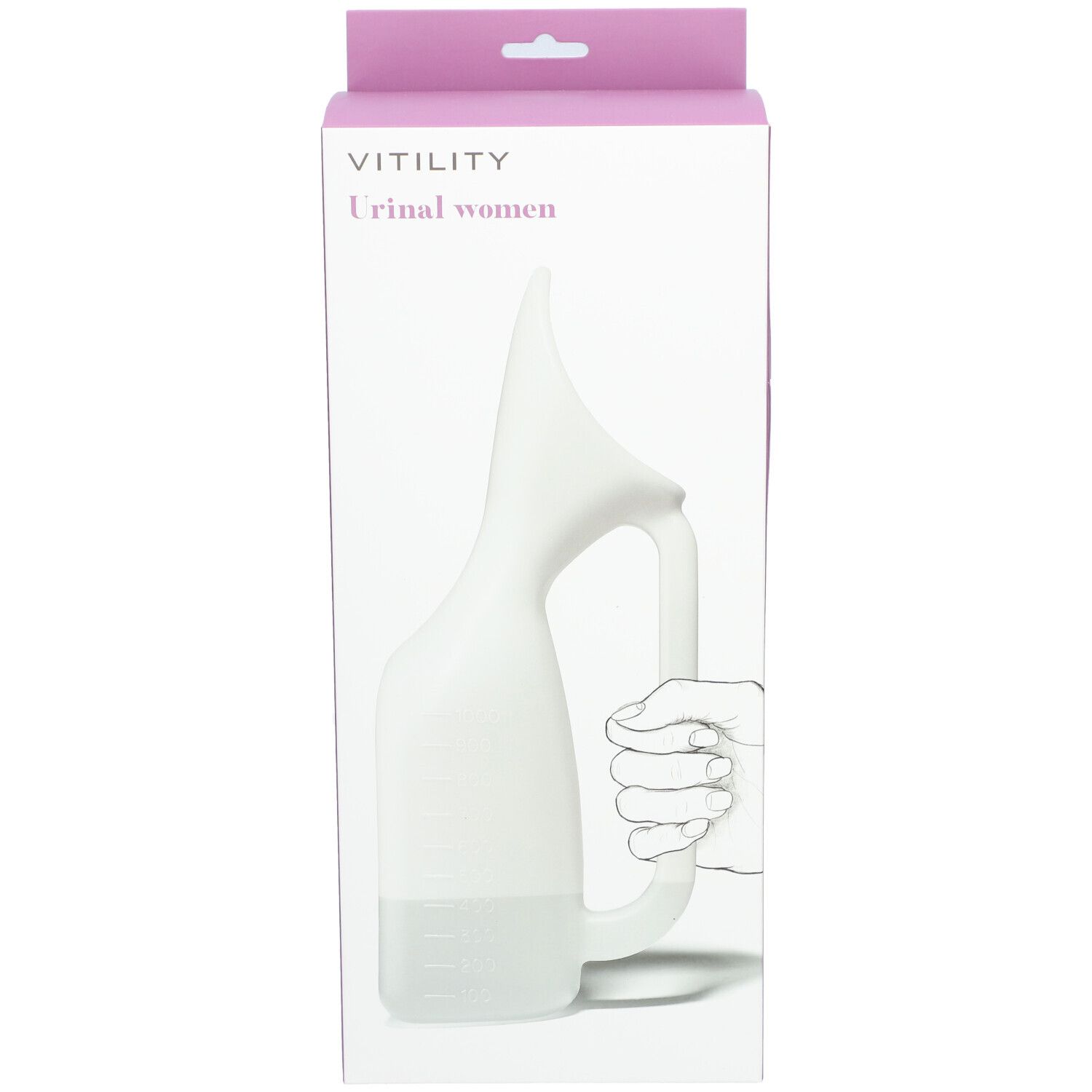 Verpakking van VITILITY Urinoir pour femmes. Wit urinoir met handvat. Illustratie van een hand die het urinoir vasthoudt.