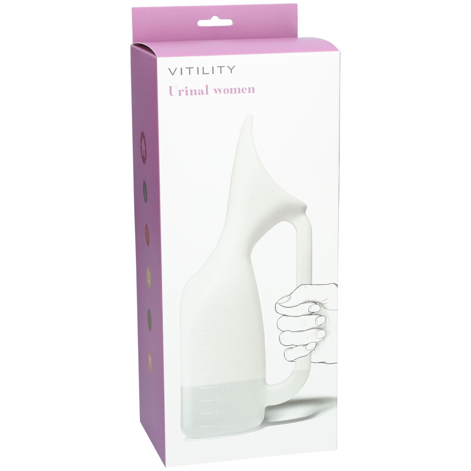 Verpakking van VITILITY Urinoir pour femmes. Wit urinoir met handvat. Illustratie van een hand die het urinoir vasthoudt.