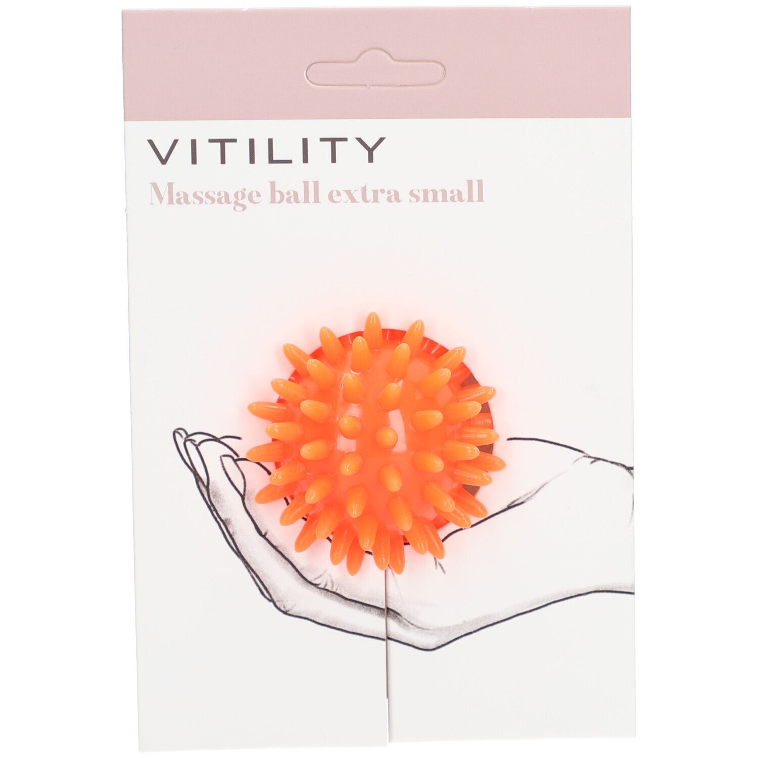 Balle de massage orange à picots, dans son emballage. "Massage ball extra small" est écrit sur l'emballage.