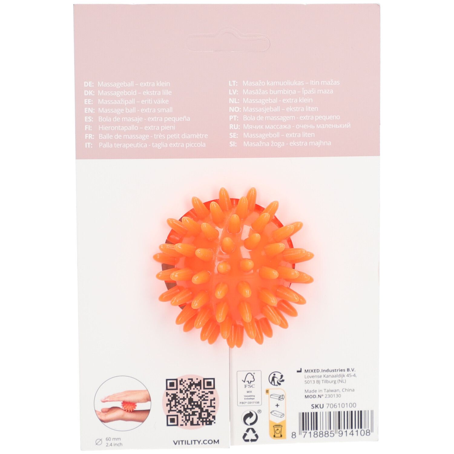 Dos de l'emballage avec balle de massage orange. Texte multilingue, code QR et certifications.