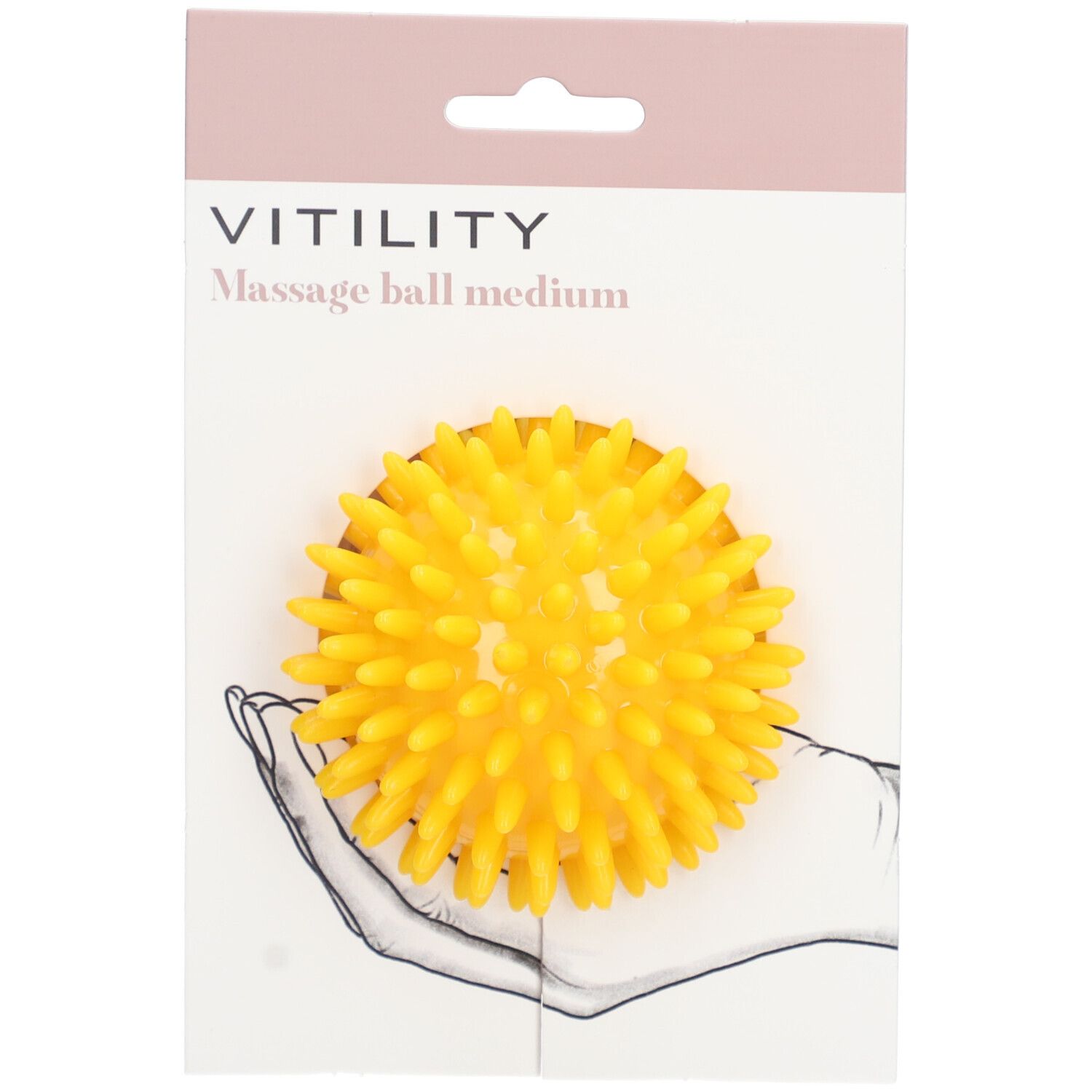 Balle de massage jaune à picots, en emballage. Logo VITILITY et "Massage ball medium" visibles.