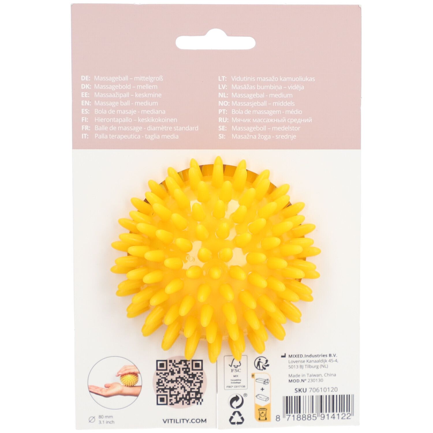 Balle de massage jaune à picots. Verso de l'emballage avec informations produit et logo VITILITY.