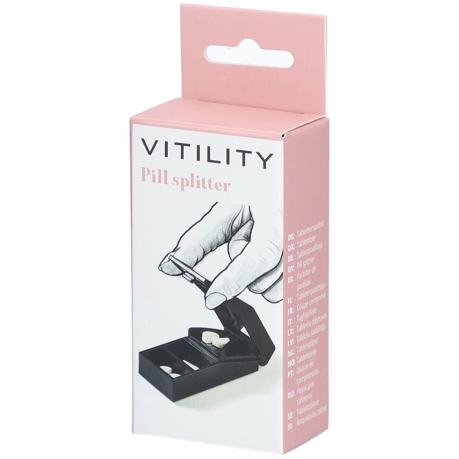 Roze verpakking met VITILITY pillensnijder. Illustratie van een hand die tabletten snijdt. Zwarte pillensnijder binnenin.