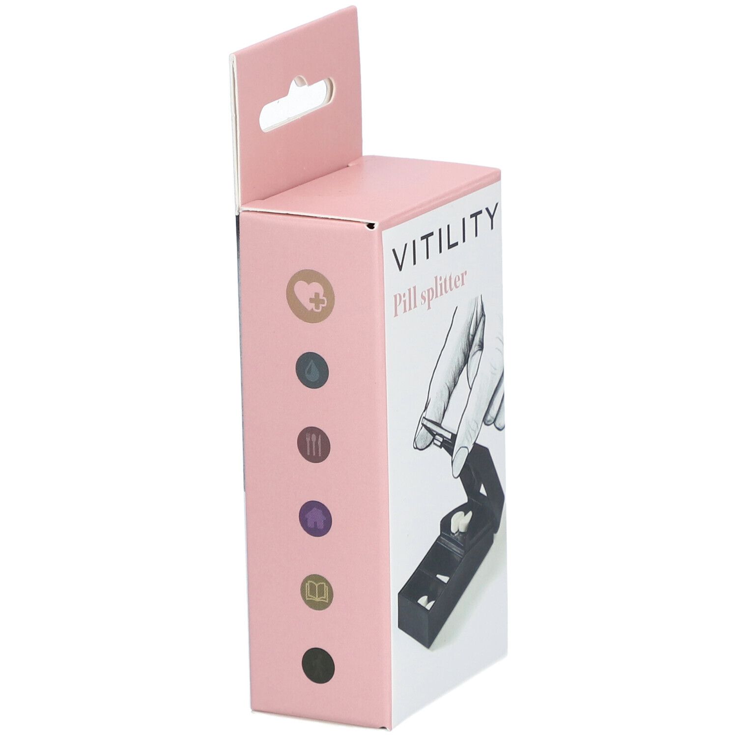 Roze verpakking met VITILITY pillensnijder. Zijaanzicht met symbolen. Zwarte pillensnijder binnenin.